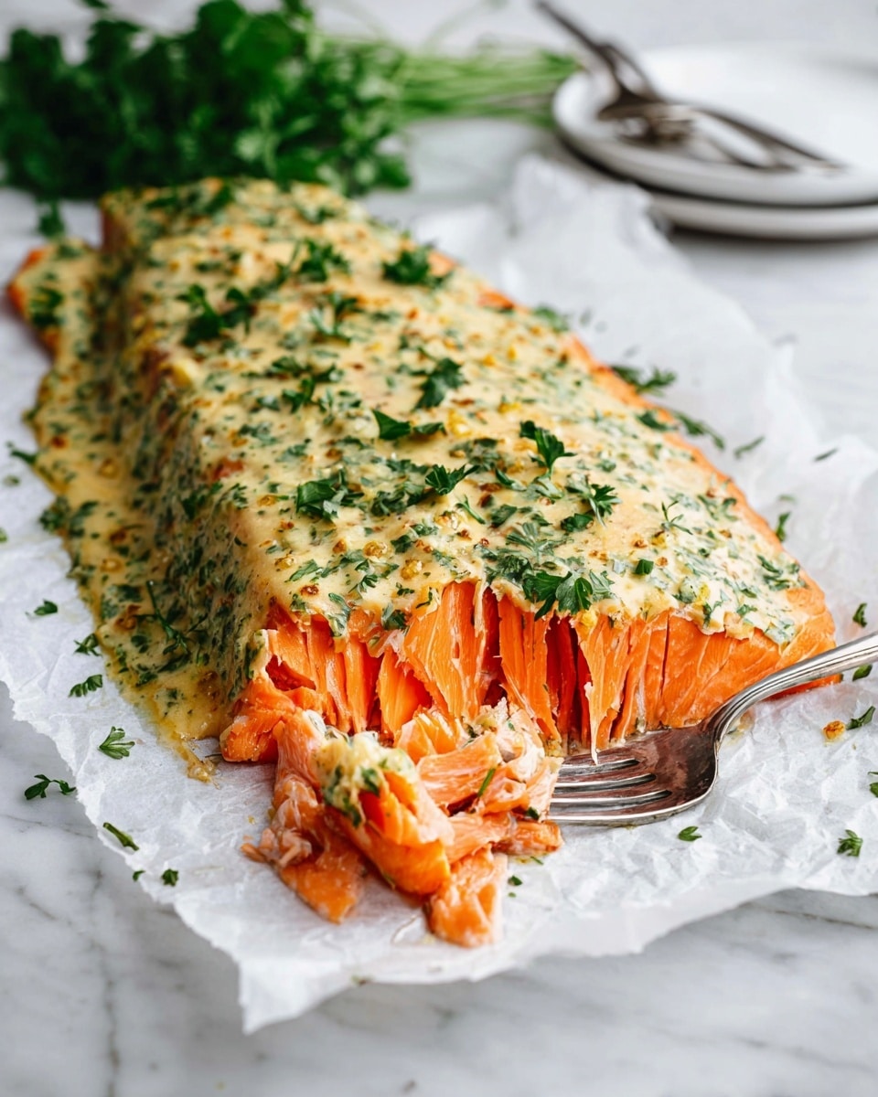 A large piece of cooked salmon lies on a white marbled surface lined with white parchment paper, topped with a thick creamy herb sauce that is light yellow with small green herb pieces spread evenly on top, showing a textured rough surface. The salmon flesh underneath is bright orange, flaky, and moist, partially separated into thick layers, with one corner cut into small cubes being lifted by a fork with a shiny silver handle that rests on the paper. In the background, a fresh bunch of green parsley lies casually on the white marbled surface behind the salmon along with a small white bowl and silver utensils blurred softly. Photo taken with an iphone --ar 4:5 --v 7