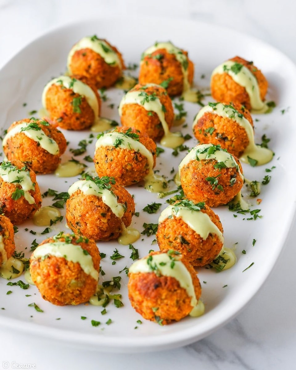 This image shows a white plate with about 20 small round orange balls arranged in rows. Each ball has a rough texture with small green bits inside, and a light green creamy sauce is drizzled over the top of each one. There are small chopped green herbs scattered over the plate and balls for decoration. The plate is placed on a white marbled surface. photo taken with an iphone --ar 4:5 --v 7