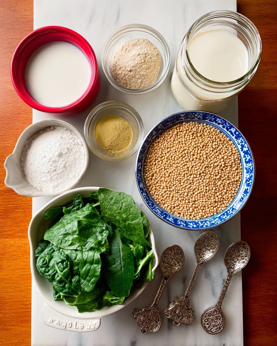 The image shows six containers of ingredients arranged on a white marbled surface. At the center right, there is a blue and white bowl filled with small, round light tan grains. Below it, there is a white measuring cup holding fresh dark green leafy vegetables. To the left of the leafy greens, there is a small white bowl containing a yellowish powder. Above that, there is a clear small bowl with white granules, likely salt. To the top left, a red bowl contains a white powdery substance and a small mound of beige powder. On the top right, a jar full of white liquid is present. Four silver measuring spoons decorated with fruit shapes lie to the right of the bowls. The photo taken with an iphone --ar 4:5 --v 7