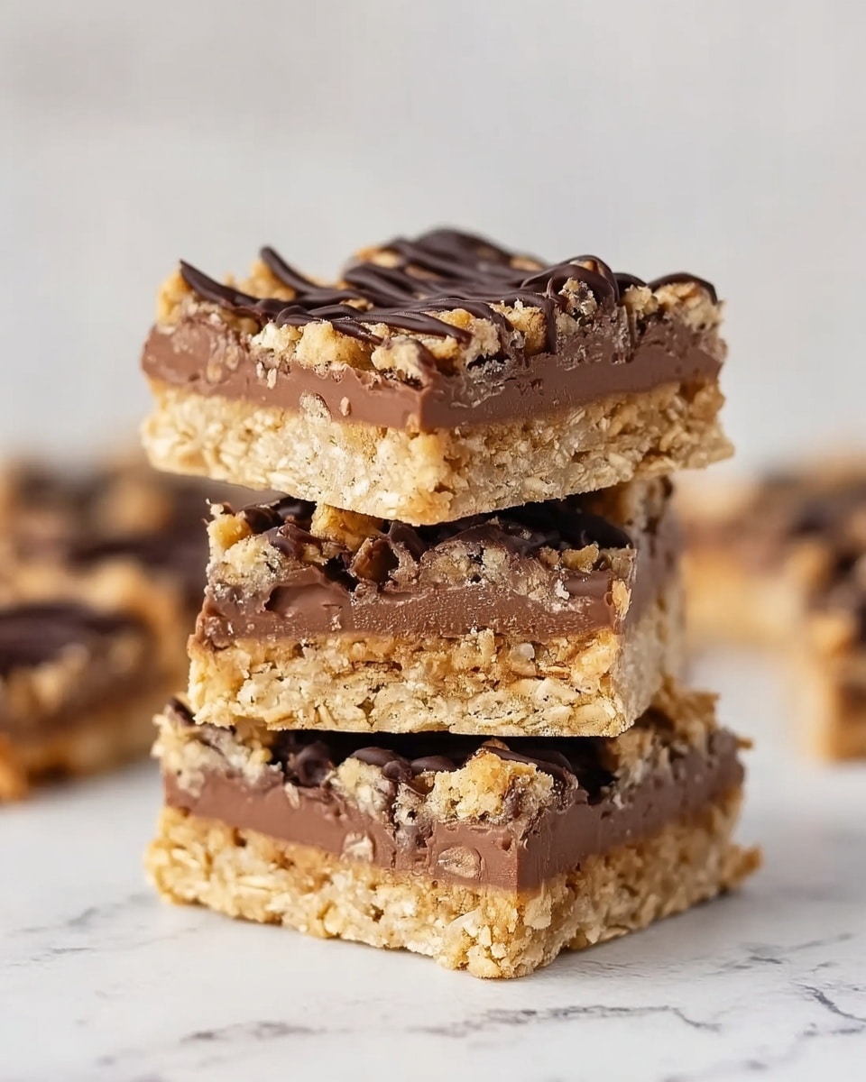 The image shows a stack of three oat bars on a white marbled surface. Each bar has three visible layers: the bottom and top layers are golden oat with a crumbly texture, and the middle layer is a smooth milk chocolate filling. The top layer is decorated with thin, dark chocolate drizzle. The bars look thick and dense, with a rough oat texture contrasted by the smoothness of the chocolate. The background is softly blurred, keeping the focus on the bars. Photo taken with an iphone --ar 4:5 --v 7