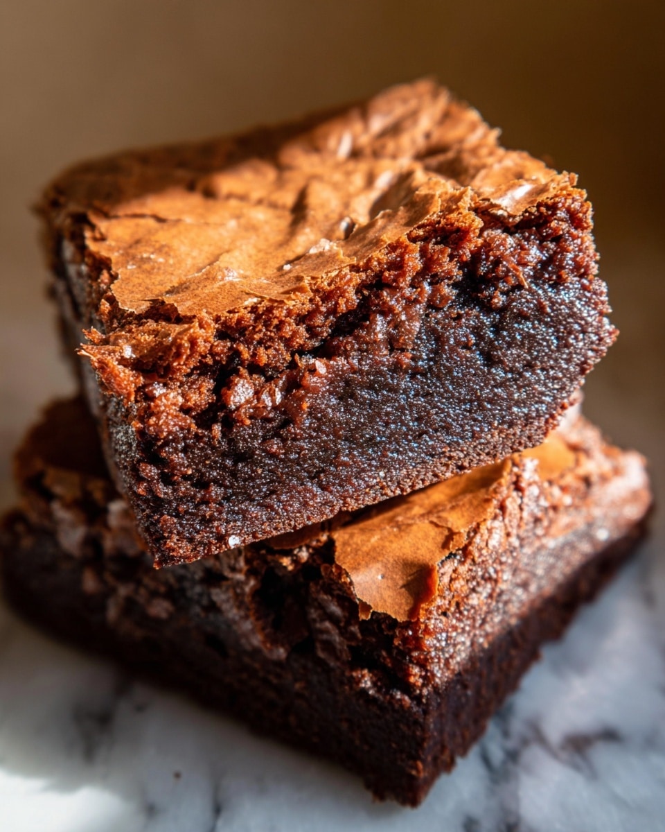 A close-up image of two stacked dark brown chocolate brownies showing a rich, moist inside layer with a rough, cracked top crust. The top brownie is positioned slightly tilted on the bottom one, highlighting the dense, fudgy texture inside and the thin, crispy layer on top. The warm light casts soft shadows, enhancing the contrast between the shiny, crinkled surface and the softer interior. The brownies rest on a white marbled surface. photo taken with an iphone --ar 4:5 --v 7