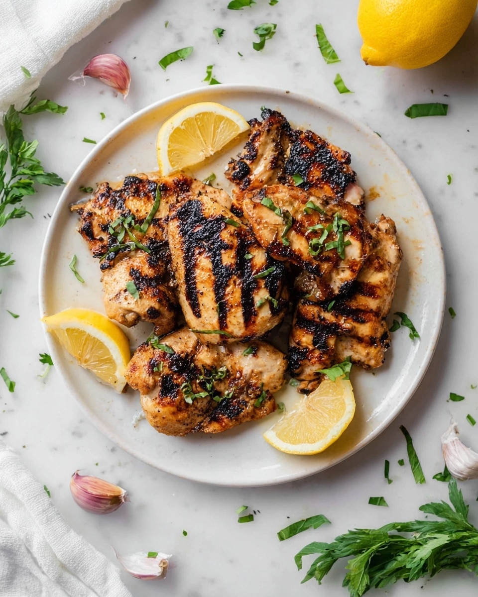 A white round plate holds five grilled chicken pieces with dark grill marks and a light golden brown color, with some blackened char spots. The chicken pieces are garnished with small green herb leaves scattered on top. There are three lemon wedges placed on the plate, one on the left, one on the right, and one near the bottom, all showing bright yellow rind and pale yellow inside. The plate rests on a white marbled surface with scattered green herb leaves and whole garlic cloves visible. A whole lemon and a white cloth are also on the surface nearby photo taken with an iphone --ar 4:5 --v 7