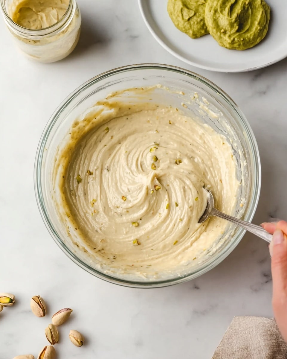 A clear glass bowl filled with a creamy light beige mixture with small bits visible throughout, swirled gently in the center, placed on a white marbled surface. Around the bowl, there is a white plate holding two round greenish dollops of smooth spread, and a small glass jar with the same spread to the left. A few whole pistachios are scattered on the surface near the bowl. A woman's hand holding a silver spoon is partially visible mixing the contents. The overall scene looks bright and clean. photo taken with an iphone --ar 4:5 --v 7