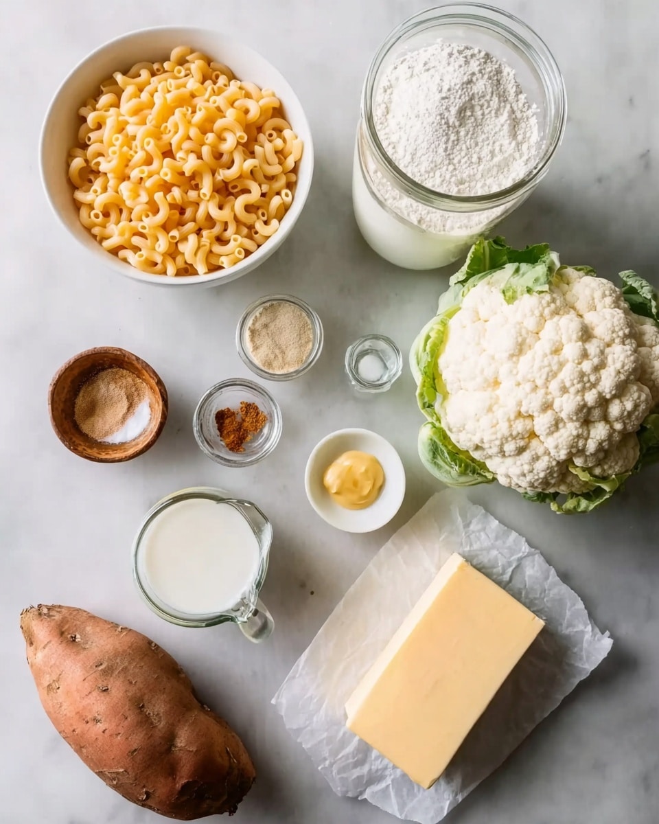 The image shows ingredients set on a white marbled surface. There is a white bowl filled with cooked elbow macaroni at the top left. Next to it on the right is a clear jar filled with white powder, likely flour. On the far right is a whole cauliflower head with green leaves at the base. Below the cauliflower is a partially unwrapped block of yellow butter on white paper. In front of the butter is a small white dish with a dollop of mustard. To the left of the dish are two small glass containers, one holding a light brown powder, the other slightly darker. At the bottom left is a whole sweet potato with rough brown skin. Above the sweet potato is a medium-sized wooden bowl with a dark spice inside. Next to it, toward the center, is a wedge of pale yellow cheese. Above some items is a glass measuring cup with white milk. The scene is neat and bright, shot from above. photo taken with an iphone --ar 4:5 --v 7