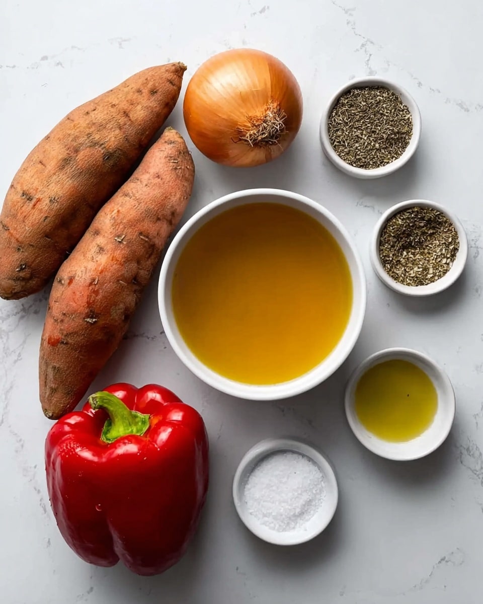 The image shows a group of cooking ingredients placed on a white marbled surface. At the center is a clear white bowl filled with golden-yellow broth. Around it are two whole sweet potatoes with brown rough skins, a whole yellow onion, a whole red bell pepper, and a small white bowl with olive oil. There are also two small white bowls, one with salt and pepper and the other with dried herbs. The items are neatly arranged and evenly spaced, showing a clean and simple setup. Photo taken with an iphone --ar 4:5 --v 7