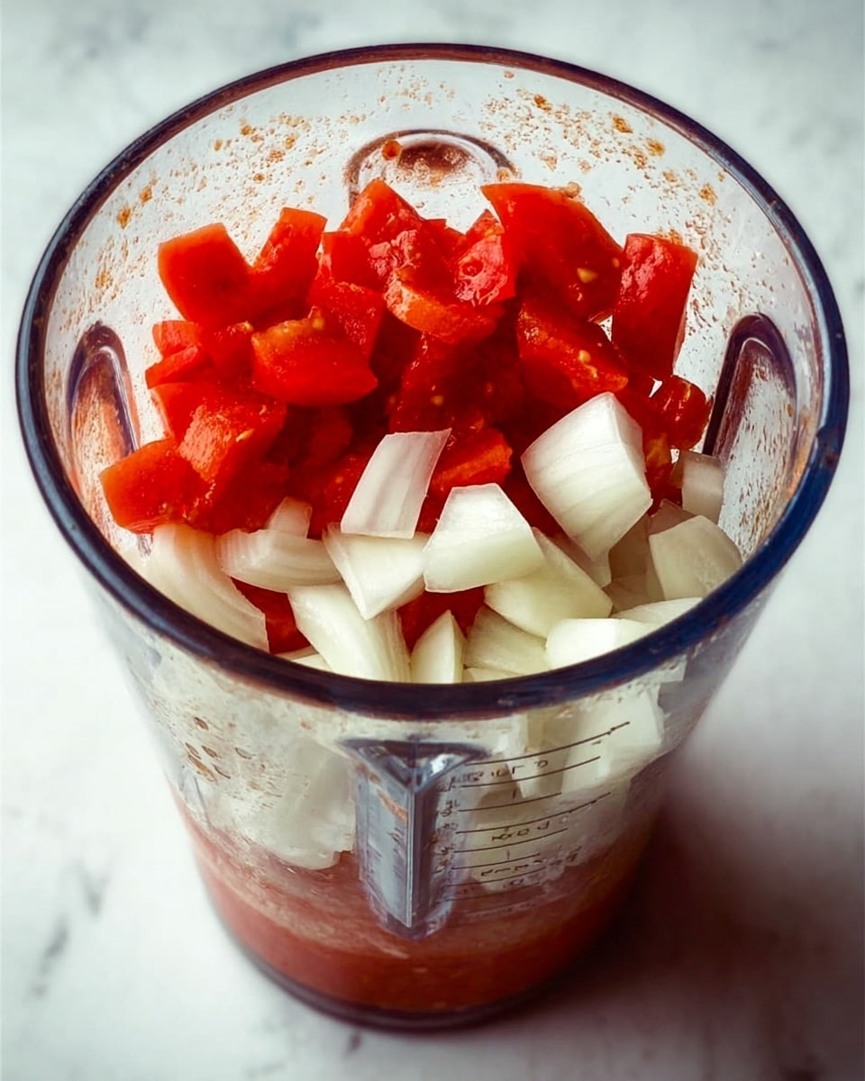 A clear blender jar sitting on a white marbled surface contains two layers of vegetables. The bottom layer has bright red chopped tomatoes with soft texture. The top layer has irregular white onion pieces with a slightly shiny, firm texture. The scene is brightly lit, showing the smooth glass and the color contrast between the red tomatoes and white onions. photo taken with an iphone --ar 4:5 --v 7