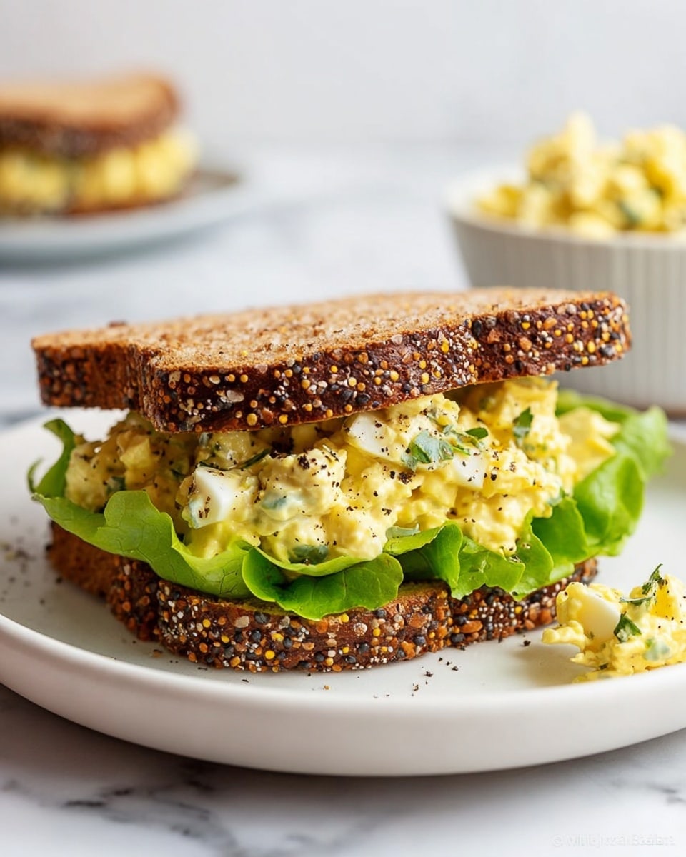 A sandwich with two slices of seeded brown bread, each covered with a mix of white, black, and yellow seeds. Inside the sandwich, there is a layer of fresh, bright green leaf lettuce at the bottom, topped with a creamy yellow egg salad mixed with small chunks of egg whites, some herbs, and black pepper sprinkled on top. The sandwich is placed on a clean white plate on a white marbled surface, with a small piece of egg salad fallen next to it, and a blurry white bowl of extra egg salad in the background. photo taken with an iphone --ar 4:5 --v 7