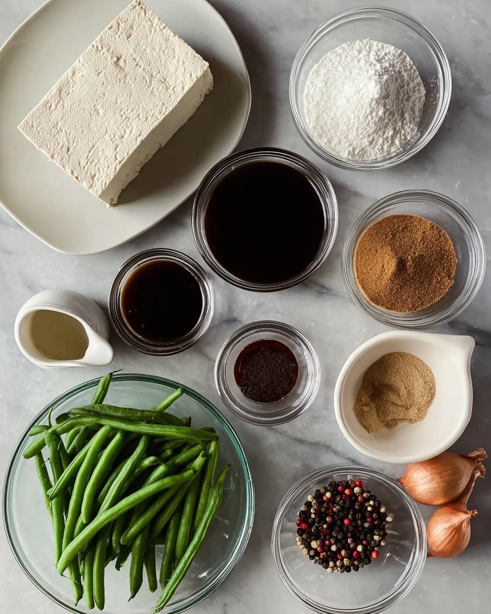 The image shows an overhead view of ingredients neatly arranged on a white marbled surface. At the top left, a rectangular block of tofu rests on a white plate. Surrounding it are clear glass bowls filled with white powder (likely cornstarch), dark liquid (likely soy sauce), brown sugar, and light brown powder (likely ground ginger). A small white jug with a dark sauce adds contrast. There are two shallots placed side by side to the right, and next to them, a small white bowl contains a mix of black, white, and red peppercorns. At the bottom left, a clear glass bowl is filled with fresh green beans, adding a bright green color. The arrangement is clean and organized, with varying textures from smooth tofu to the powdery and granular spices. photo taken with an iphone --ar 4:5 --v 7