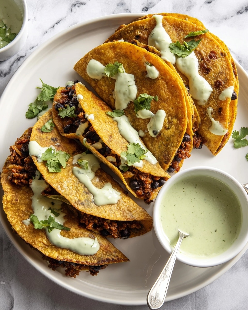 The image shows four folded tacos arranged in a row on a white plate. Each taco has a golden-brown toasted tortilla filled with a dark brown and black mix of beans and ground meat inside. The tacos are drizzled with a light green creamy sauce and decorated with small green cilantro leaves on top. Next to the tacos, there is a small white bowl filled with the same light green sauce, with a spoon inside it. The background is a white marbled texture. Photo taken with an iphone --ar 4:5 --v 7