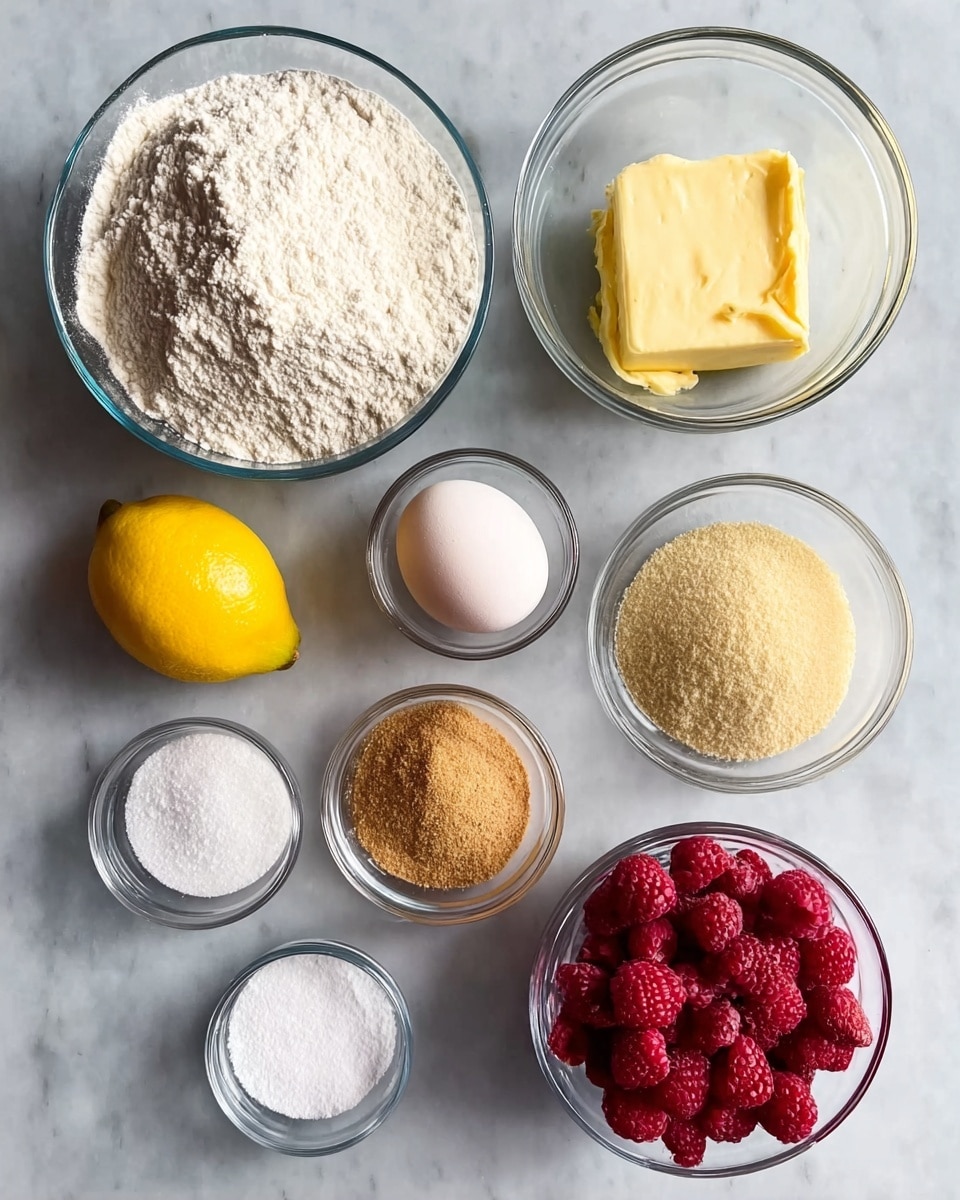 The image shows several small glass bowls and a lemon arranged neatly on a white marbled surface. In the center top is a large bowl full of flour, to its right is a bowl with butter, and to the left is a bright yellow lemon. Below the flour bowl are smaller bowls holding white granulated sugar, an egg, and light brown sugar arranged left to right. At the bottom left are two tiny bowls with white powders, and on the bottom right is a bowl filled with frozen red raspberries. The bowls are clear and placed evenly apart, showing off the different textures and colors of ingredients clearly. photo taken with an iphone --ar 4:5 --v 7