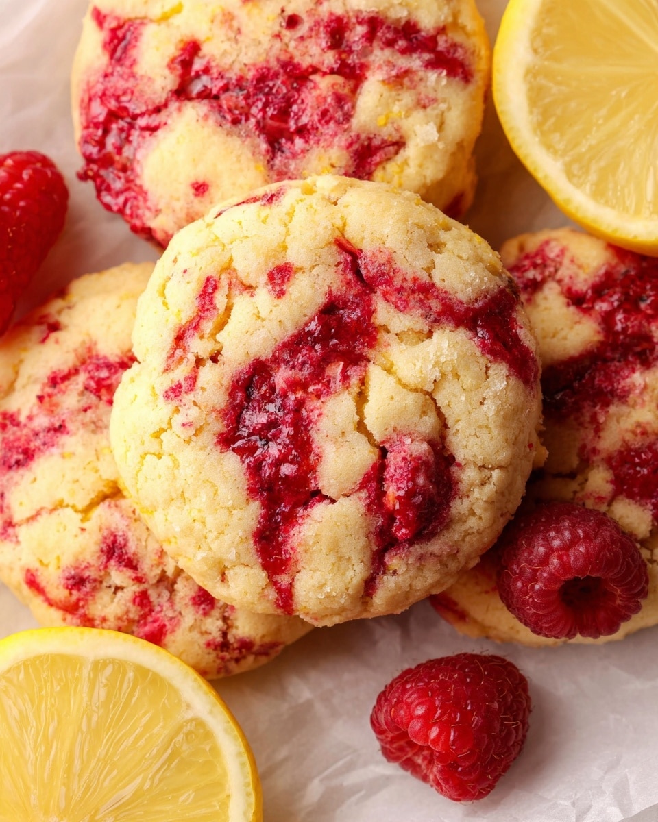 The image shows a close-up of three soft, round cookies with a base layer of light yellow dough mixed with bright red swirls of raspberry jam scattered unevenly on top. The cookies have a slightly cracked surface texture, showing a tender and crumbly consistency. Around the cookies, there are fresh whole raspberries and two lemon halves showing their pale yellow juicy interior. All items rest on a white marbled textured surface with a piece of white parchment paper underneath the cookies. photo taken with an iphone --ar 4:5 --v 7