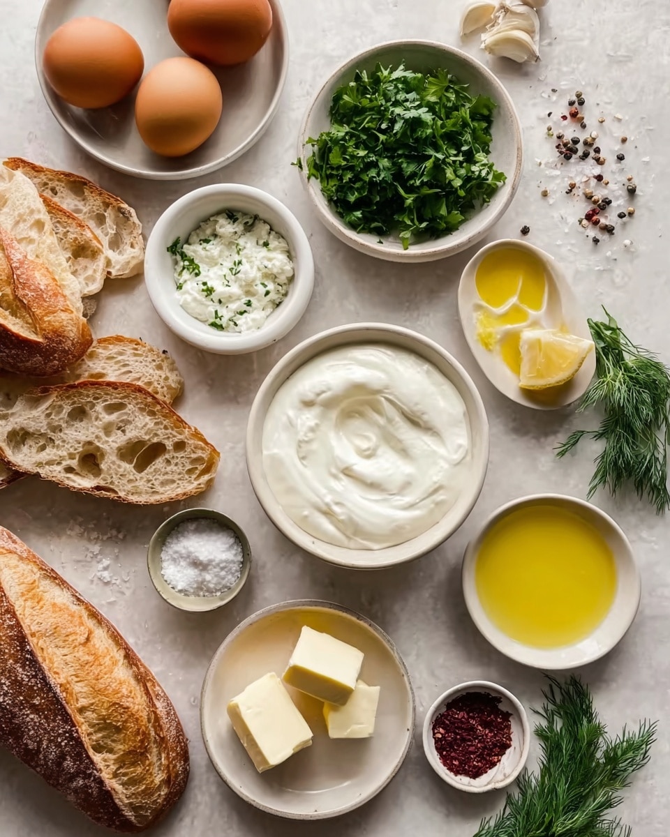The image shows many cooking ingredients placed on a white marbled surface, each in small white bowls or plates except for some slices of rustic bread scattered around. There are four brown eggs in the top left corner. A small white bowl with fresh green parsley is near the center. Next to it is a larger white bowl filled with thick white yogurt, smooth in texture. Around these are small white containers holding golden olive oil, minced garlic cloves, a light yellow lemon juice, and fresh green dill. There are two cubes of pale yellow butter in a white bowl near the bottom. A small white plate holds dark red spices, and nearby is a small white container with coarse salt and cracked black pepper. The whole setup is neat and bright, captured from above. Photo taken with an iphone --ar 4:5 --v 7