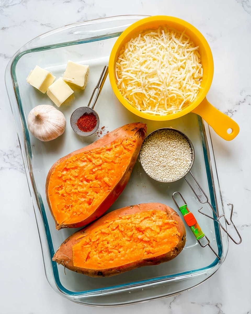 The image shows a clear glass baking dish on a white marbled surface, containing two halves of an orange sweet potato with visible textured skin, a yellow measuring cup filled with shredded white cheese, a metal measuring cup holding small white grains of rice, two garlic cloves with soft beige skin, a small cube of silver-wrapped butter, and two small measuring spoons, one with a green handle holding a reddish powder and one with an orange handle empty, all arranged neatly inside the dish photo taken with an iphone --ar 4:5 --v 7
