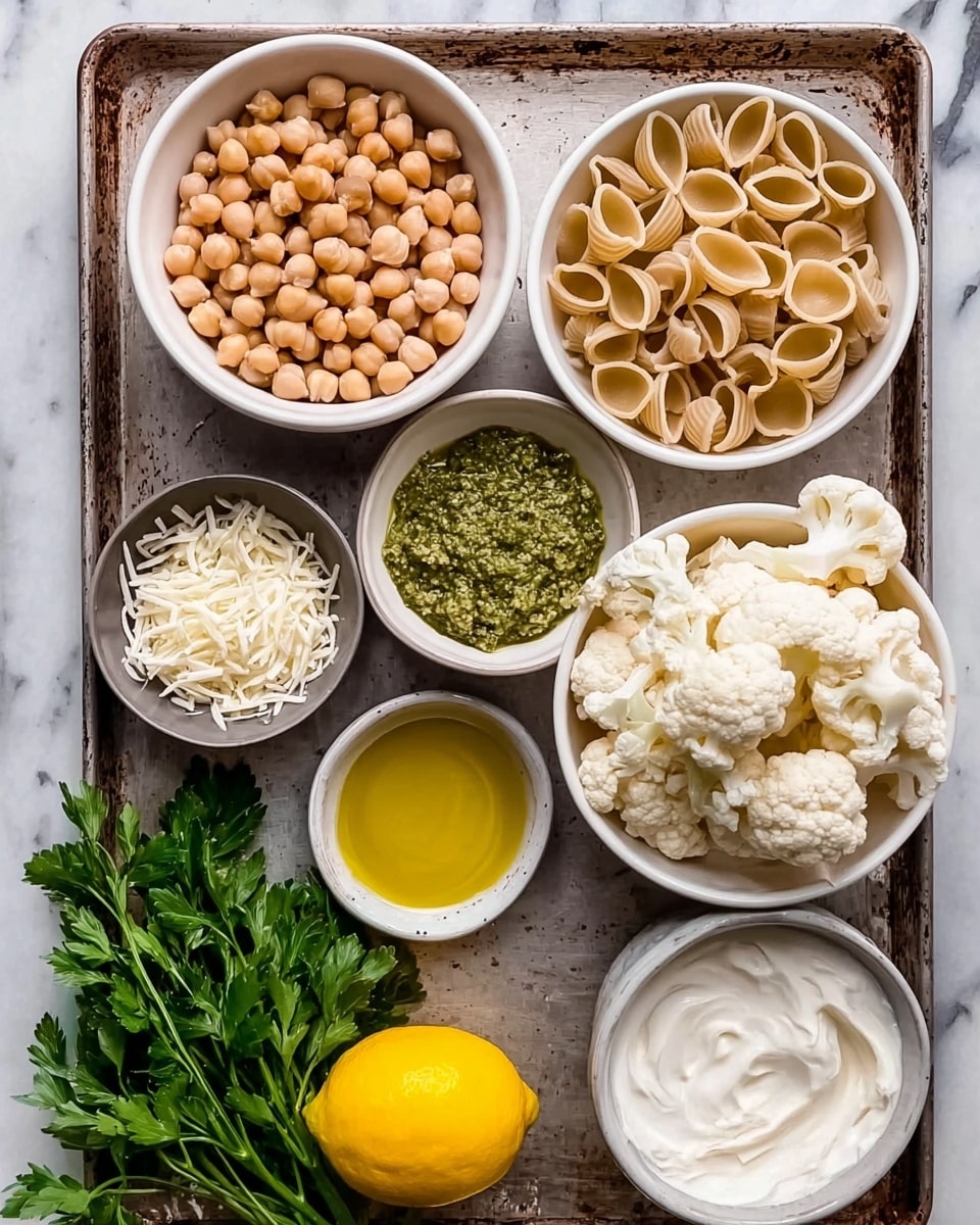 The image shows a metal tray on a white marbled surface, filled with multiple white bowls and ingredients. The top right bowl contains dry brown shell pasta, next to it at top left is a bowl of light brown chickpeas. In the center right is a bowl filled with white cauliflower florets. Below them are three smaller bowls - one with green pesto sauce, another with white grated cheese, and the third with creamy white sauce. Near the bowls, there is a whole yellow lemon and a small bowl of yellow olive oil. A bunch of green parsley lies on the left side of the tray photo taken with an iphone --ar 4:5 --v 7