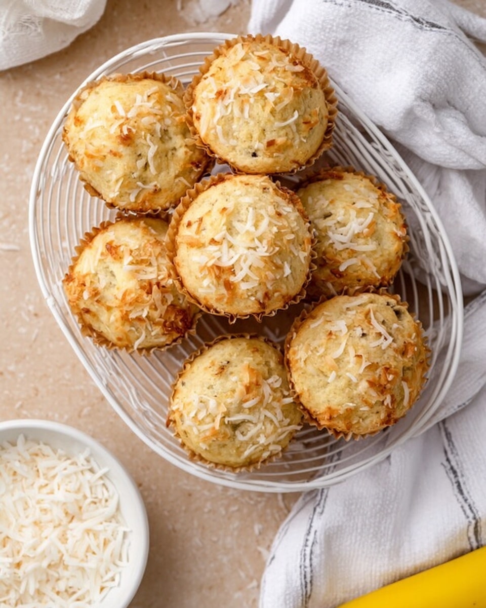 The image shows a white oval wire basket filled with eight coconut muffins. Each muffin is topped with light golden toasted coconut flakes, showing a rough texture. The muffins have a pale yellow color with some brown spots from baking. The basket sits on a light brown surface, beside a white bowl filled with white shredded coconut, a piece of yellow banana, and a white cloth with gray stripes partially visible. The overall look is warm and cozy with soft natural light. Photo taken with an iphone --ar 4:5 --v 7