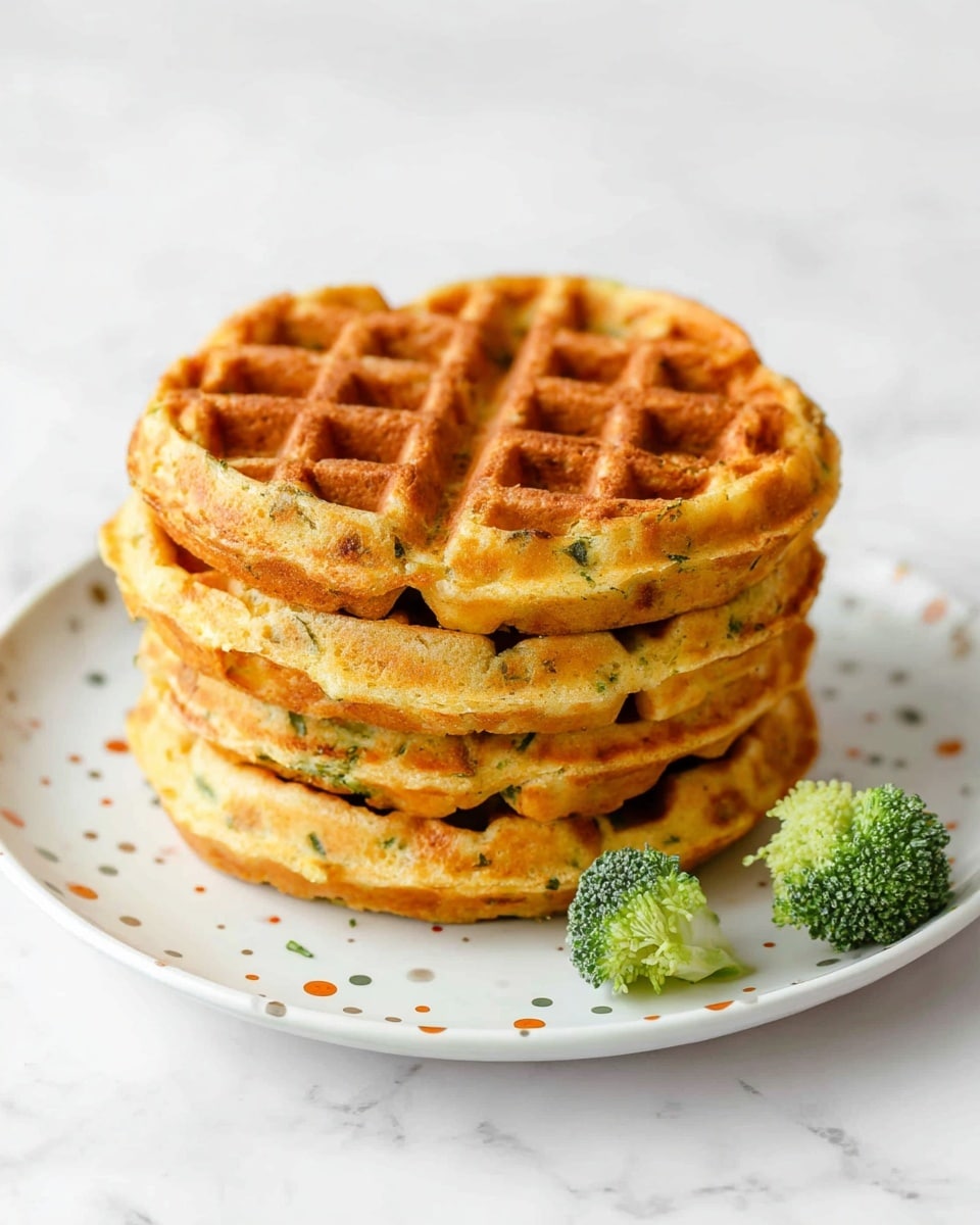 A stack of four golden brown waffles with a textured grid pattern, each waffle having small green bits inside, possibly herbs or vegetables. They are thick and fluffy, neatly piled in the center of a white plate with scattered small dots in muted orange, green, and gray colors. Two small bright green broccoli florets are placed beside the waffles on the plate. The plate sits on a white marbled surface, creating a clean and bright setting. photo taken with an iphone --ar 4:5 --v 7