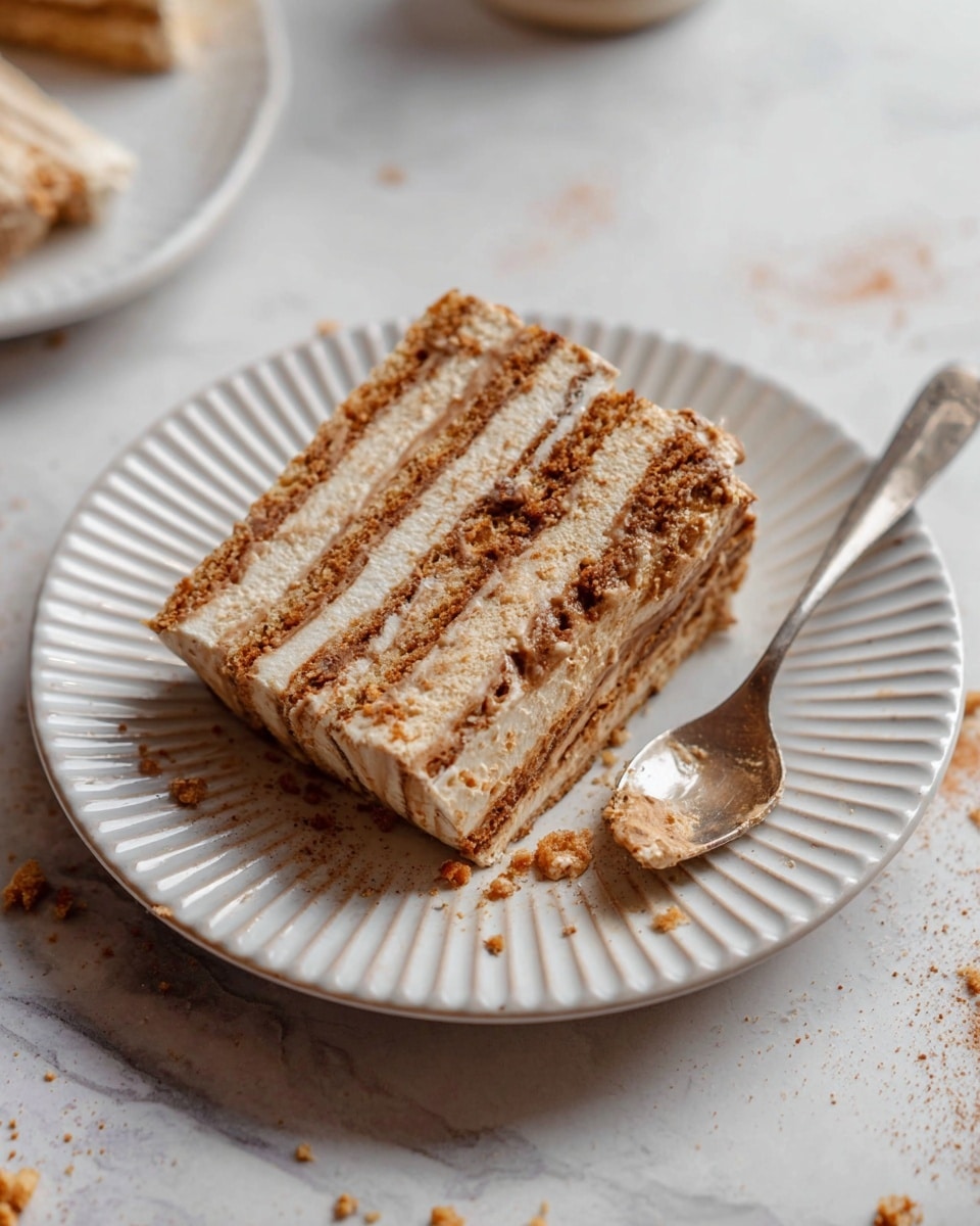 A slice of layered cake sits on a white plate with ridged edges, featuring multiple thin layers of light brown and beige cream, alternating evenly. The cake's texture looks soft with some crumbs scattered on the plate and nearby. A silver spoon rests on the right side of the slice, its tip slightly pressing into the cake. The background is a white marbled surface with a few more crumbs scattered around. Photo taken with an iphone --ar 4:5 --v 7