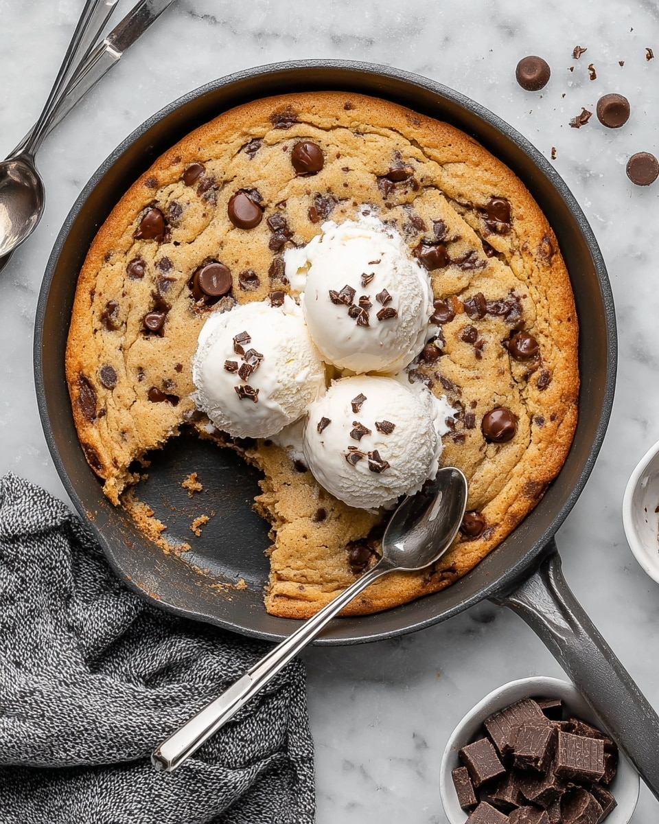A large round golden-brown chocolate chip cookie is baked in a dark pan, with scattered dark chocolate chips visible on top. Three scoops of white vanilla ice cream are placed in the center of the cookie, sprinkled with small dark chocolate flakes. Two silver spoons rest on the cookie, one with a bite taken from the cookie showing a soft, chocolatey inside. The pan is set on a white marbled surface, with a grey textured cloth visible near the handle and a small white bowl filled with dark chocolate disks at the bottom right. photo taken with an iphone --ar 4:5 --v 7