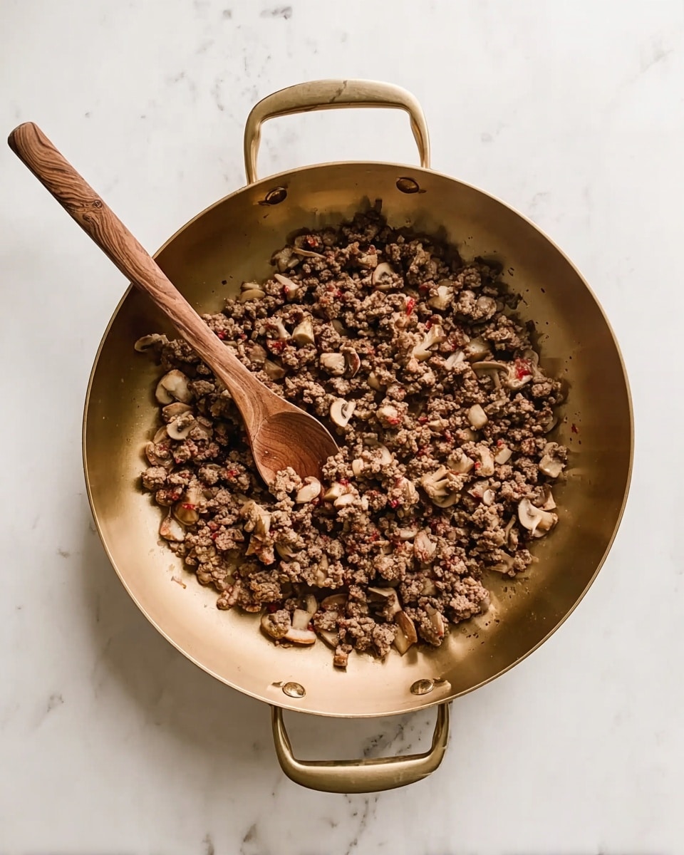 A top view shows a gold-colored pan with two handles on a white marbled surface. Inside the pan is a mix of cooked ground meat and small pieces of mushrooms, mostly brown with some pinkish bits. A wooden spoon with a long handle is resting inside the pan, partly touching the food. The food and spoon create a contrast with the shiny, smooth metal pan. The overall look is warm and rustic. photo taken with an iphone --ar 4:5 --v 7