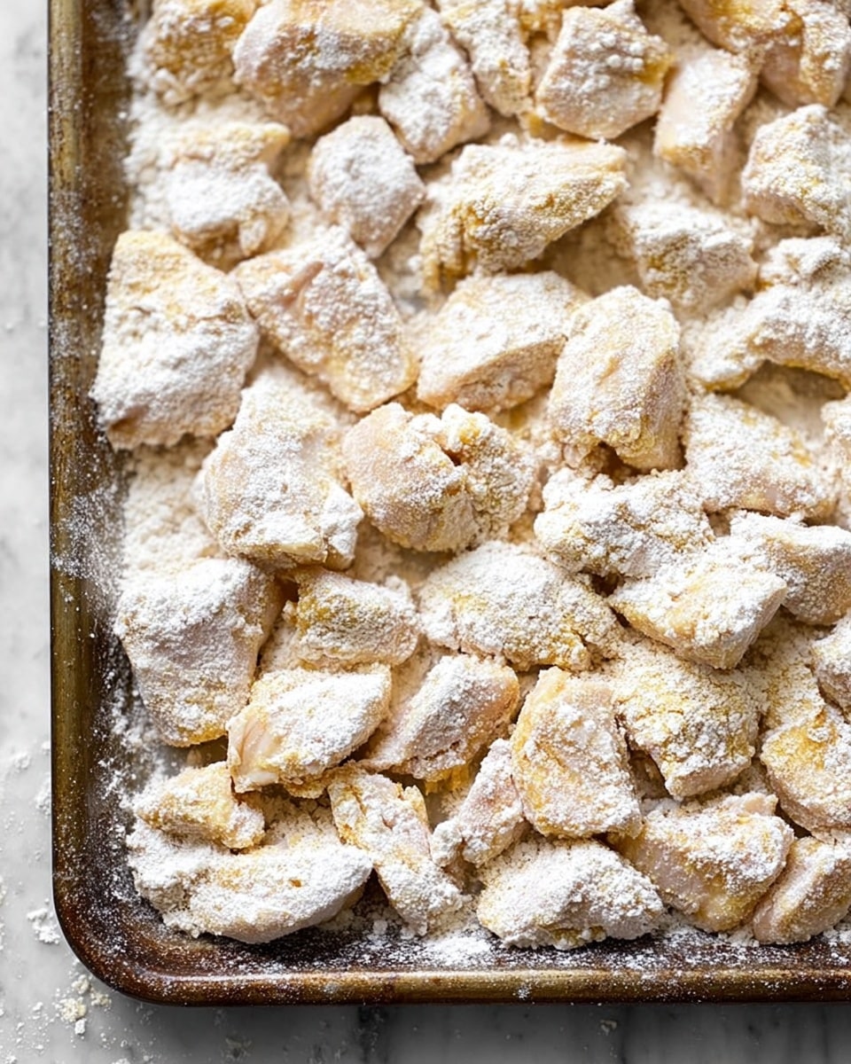 The image shows many small, uneven chunks of raw chicken coated in a thick layer of white flour, spread closely together on a old metal baking sheet. The chicken pieces are pale with hints of pink and yellow under the flour, which has a powdery texture. The metal baking sheet has scratches and a worn look around the edges. The background is a white marbled texture. photo taken with an iphone --ar 4:5 --v 7