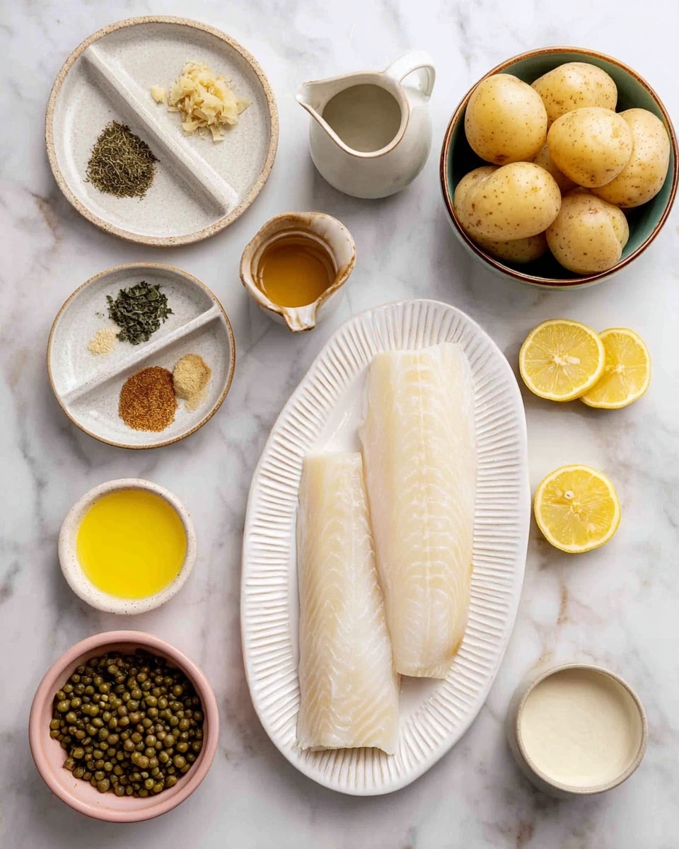 The image shows an overhead view of ingredients arranged neatly on a white marbled surface. At the center right, a large white ridged oval plate holds two thick white fish fillets with smooth texture. Around it, there are small white bowls containing different items: one with minced ginger, dried green herbs, and a brown spice mix on a divided plate; another with yellow melted butter; a small brown bowl with a light brown liquid; a white pitcher of cream; a small white bowl of mustard and grainy mustard placed side by side; a pink bowl full of green capers; a white round plate with four lemon wedges; and a white bowl filled with whole small round potatoes. Photo taken with an iphone --ar 4:5 --v 7