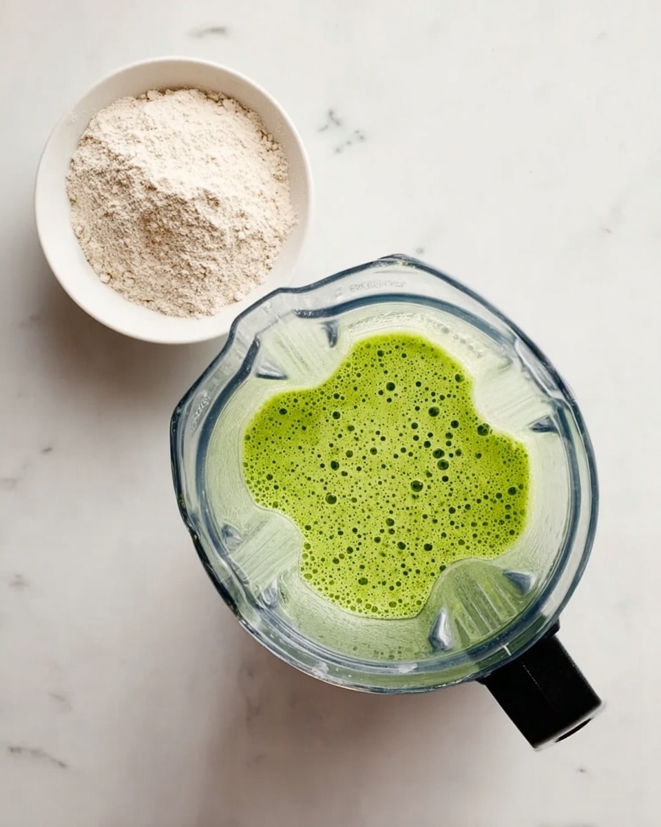 The image shows a clear blender with a black handle on a white marbled surface, filled with a bright green liquid with small bubbles on top. Next to the blender, there is a white bowl containing a light beige powder, likely flour. The green liquid and the flour appear fresh and ready for mixing. The overall setting is clean and bright, focused on the ingredients before cooking photo taken with an iphone --ar 4:5 --v 7