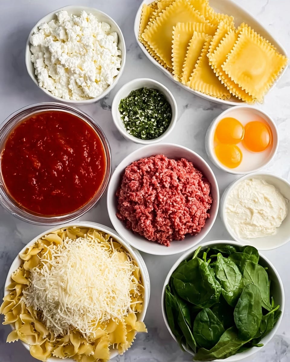 The image shows various white bowls and a glass jug all placed on a white marbled surface. Starting from the top left, a bowl filled with white cottage cheese sits next to a smaller bowl of minced garlic and herbs, which is to the right of two cracked raw eggs in another white bowl. Beneath the eggs is a mound of raw ground beef on the surface. In the center, there is a white bowl filled with shredded mozzarella cheese. Below that is a smaller bowl with grated Parmesan cheese. To the left, a glass jug filled with red tomato sauce is near a bowl of dry lasagna noodles with ridged edges. In the bottom right corner, a bowl of fresh spinach leaves completes the grouping. The colors range from the rich red tomato sauce and raw beef, the bright yellow noodles, to the fresh green spinach. Photo taken with an iphone --ar 4:5 --v 7