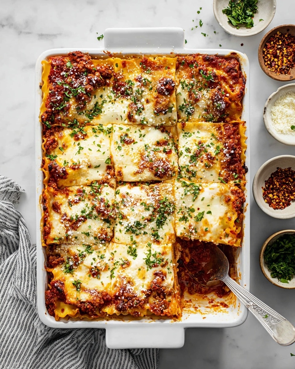A white rectangular baking dish holds a lasagna divided into nine pieces, with one piece missing from the bottom left corner, revealing several layers: a base of rich red meat sauce with visible chunks of browned meat, topped by flat pasta sheets, followed by a creamy white cheese layer, and covered with bubbly, melted mozzarella cheese that is golden brown in spots. The lasagna is sprinkled with finely chopped green herbs and grated parmesan cheese across the top. A silver serving spoon rests inside the empty space. Around the dish on a white marbled surface are small bowls of red pepper flakes, fresh green herbs, and parmesan cheese, and a striped gray and white cloth is partially visible at the bottom left corner. photo taken with an iphone --ar 4:5 --v 7