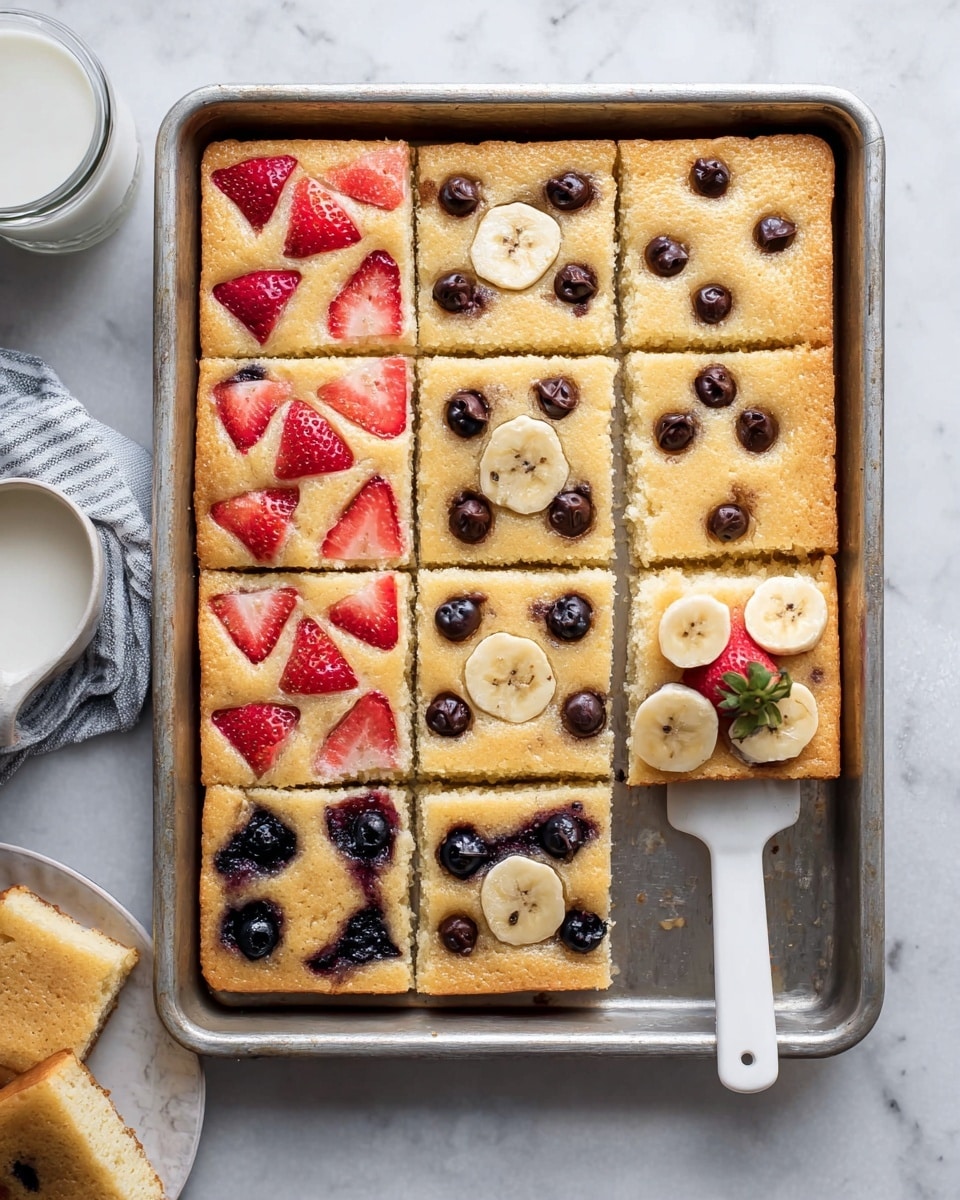 A metal rectangular tray with a baked flat cake cut into 16 square pieces arranged in a 4x4 grid. The cake has four different toppings divided into four sections: the top left section has red strawberry slices embedded on a light golden cake layer, the top right section has small dark chocolate chips scattered on the same cake base, the bottom left section has whole blueberries embedded in the light cake, and the bottom right section has banana slices on the light cake. One piece with strawberries is held by a white spatula with a woman's hand visible. The tray sits on a white marbled surface with a glass of milk nearby and a white plate at the bottom left holding two pieces of cake stacked. Photo taken with an iphone --ar 4:5 --v 7