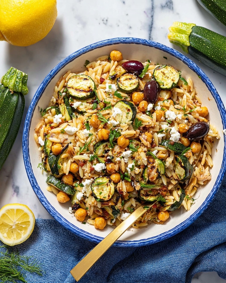 A white bowl with a blue rim holds a colorful dish of orzo pasta mixed with roasted golden chickpeas, green grilled zucchini slices, dark purple olives, and small white crumbles of cheese, all sprinkled with fresh green herbs. A gold spoon rests in the bowl. The dish is placed on a white marbled surface with a halved lemon and two whole zucchinis nearby, and a blue cloth under the bowl. Photo taken with an iphone --ar 4:5 --v 7