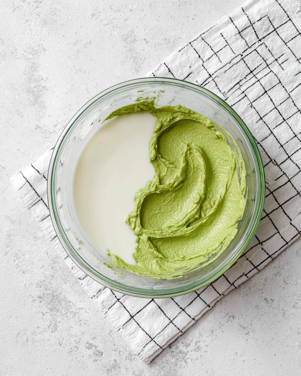A clear glass bowl contains two distinct layers of ingredients side by side. On the right side, a thick textured green paste with visible swirls and ridges fills half the bowl. On the left side, a smooth white liquid covers the other half. The bowl sits on a white cloth with a black grid pattern, all placed on a surface with a white marbled texture. photo taken with an iphone --ar 4:5 --v 7
