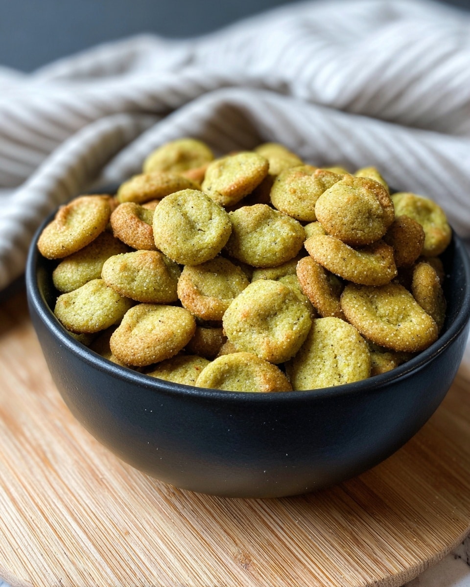 A close-up of a black bowl filled with many small, round, golden-green baked snacks that have a slightly rough texture and a soft, puffy look. The bowl is sitting on a light wooden board with natural grain patterns. The background includes a white marbled texture and a blurred light cloth with stripes. photo taken with an iphone --ar 4:5 --v 7