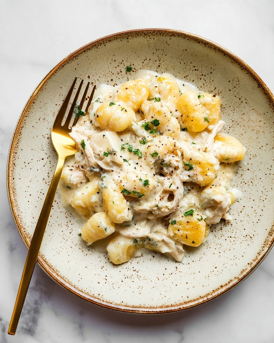 A light beige plate with brown speckles holds a creamy white dish made of gnocchi pieces and shredded chicken mixed in a thick white sauce. The gnocchi are pale yellow-orange with smooth, rounded shapes. Small green herb bits are scattered on top, adding specks of color. Black pepper is lightly sprinkled across the surface. A shiny gold fork rests to the left side of the plate. The background is a white marbled surface. Photo taken with an iphone --ar 4:5 --v 7
