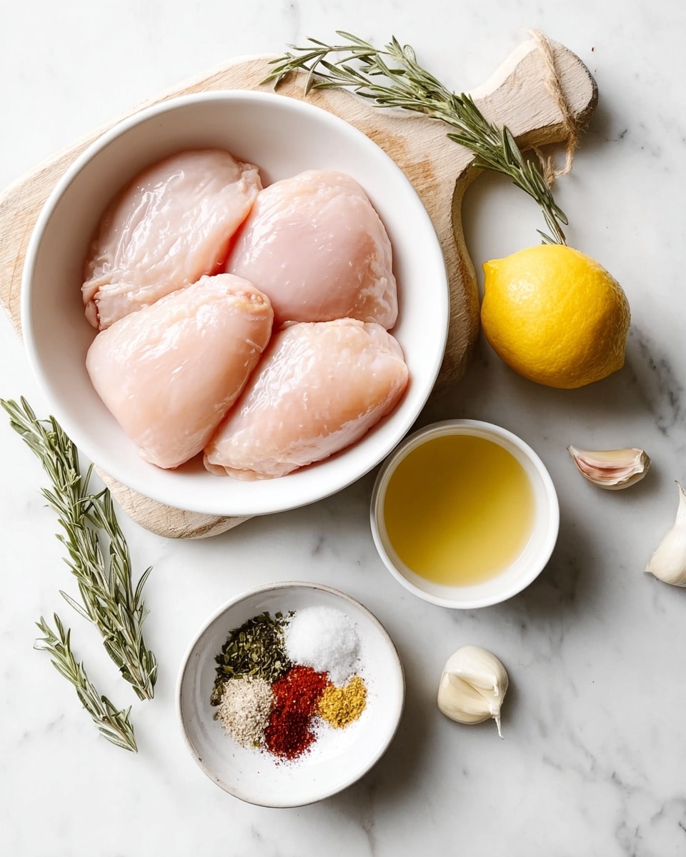 Three raw chicken pieces, pale pink with smooth, shiny texture, are placed side by side inside a white bowl positioned on a wooden board on a white marbled surface. To the lower right of the bowl, a small white cup filled with a yellow liquid sits beside a whole bright yellow lemon. Below the bowl, there is a small white bowl with a mix of spices including red paprika, black pepper, green dried herbs, and white salt. Near the bottom left corner, a white cup holds a light beige liquid, surrounded by three peeled garlic cloves. Fresh green rosemary sprigs lay on the left side on the white marbled surface. photo taken with an iphone --ar 4:5 --v 7