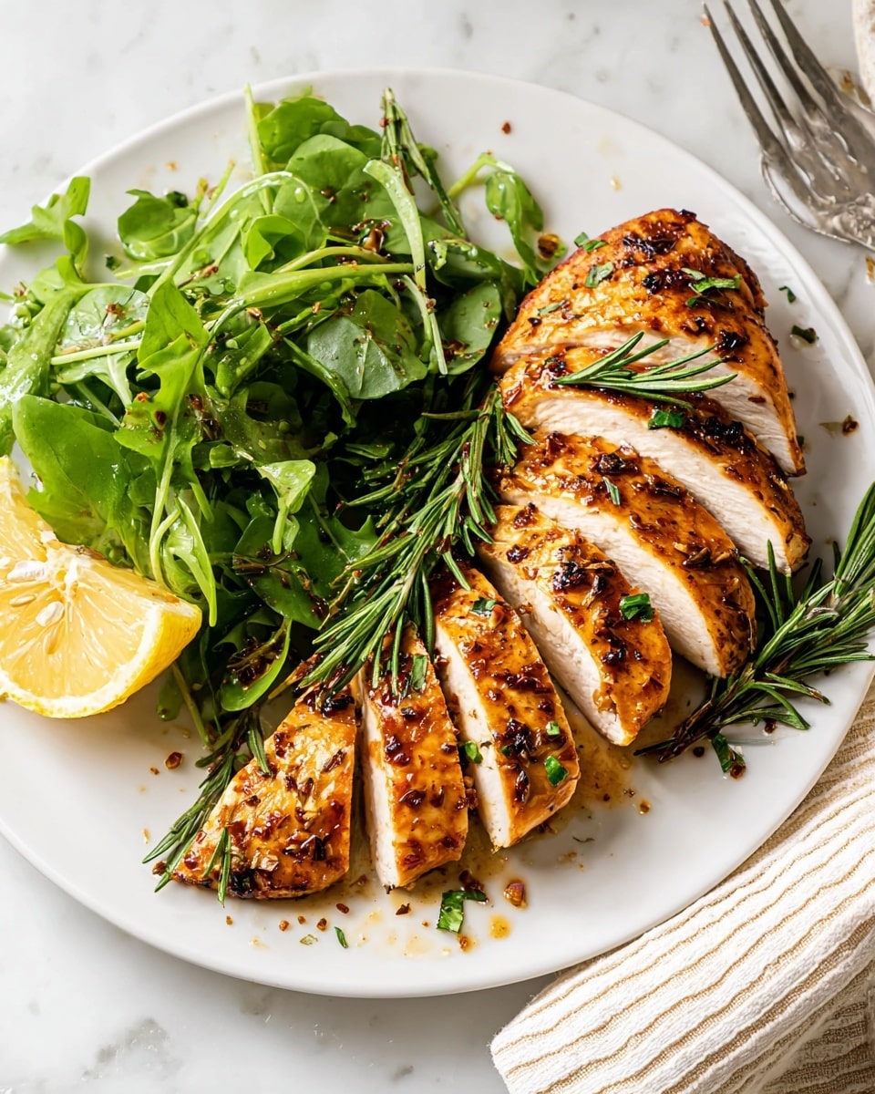 The dish shows one main piece of golden-brown grilled chicken that is sliced into five thick pieces, revealing juicy white interior layers. The chicken is topped and surrounded by sprigs of dark green rosemary and some light brown sauce with visible herbs and spices. To the left side of the chicken, there is a fresh pile of bright green watercress leaves with a lemon wedge showing light yellow and translucent textures tucked in between the chicken and leaves. A silver fork is partly visible under the watercress. All food sits on a clean white plate placed on a white marbled surface with a soft beige striped cloth partially visible on the right side. Photo taken with an iphone --ar 4:5 --v 7