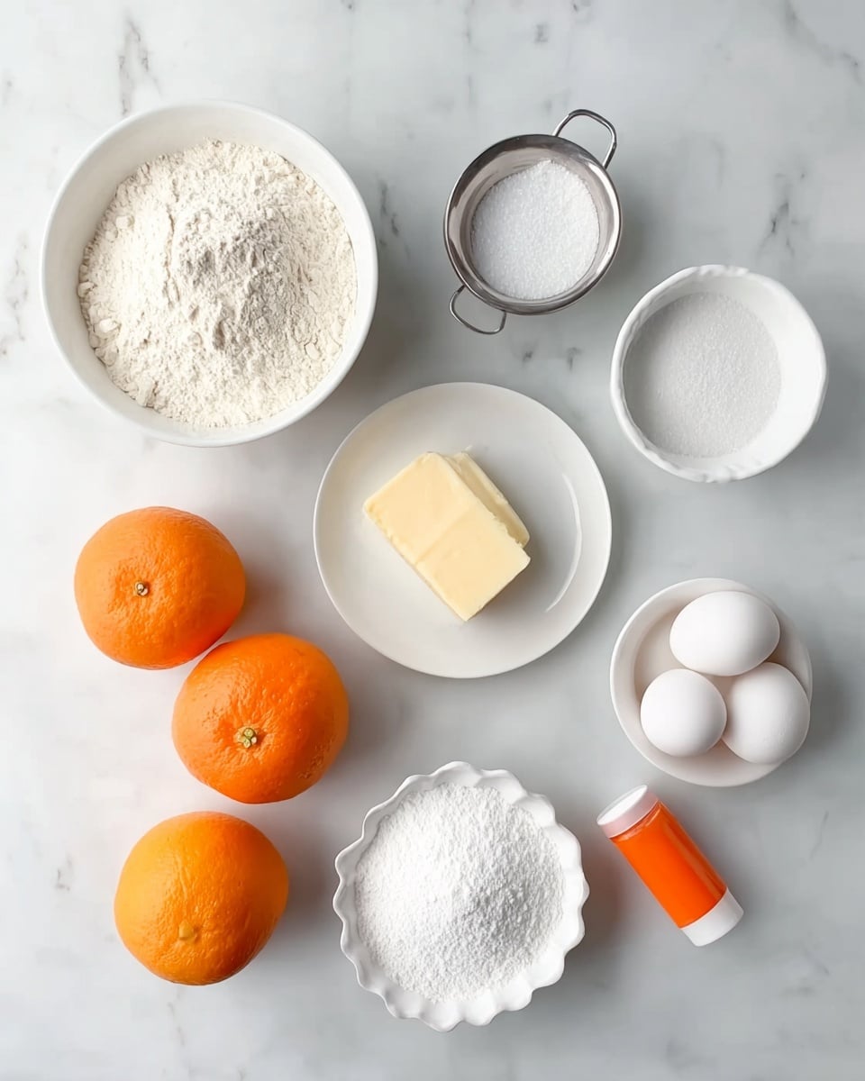 The image shows various baking ingredients arranged neatly on a white marbled surface. There is a white round bowl filled with flour at the top left, a small white bowl with white granulated sugar beside a tiny metal bowl with salt near the center top, and a white round plate with granulated white sugar positioned to the right. Below the bowls, three whole bright orange oranges are placed in a rough triangle formation. A stick of pale yellow butter lies horizontally near the oranges. Two white eggs sit in a small white bowl to the right of the oranges. At the bottom right, a white scalloped bowl holds powdered sugar. A small orange tube container lies near the bottom left corner. Photo taken with an iphone --ar 4:5 --v 7
