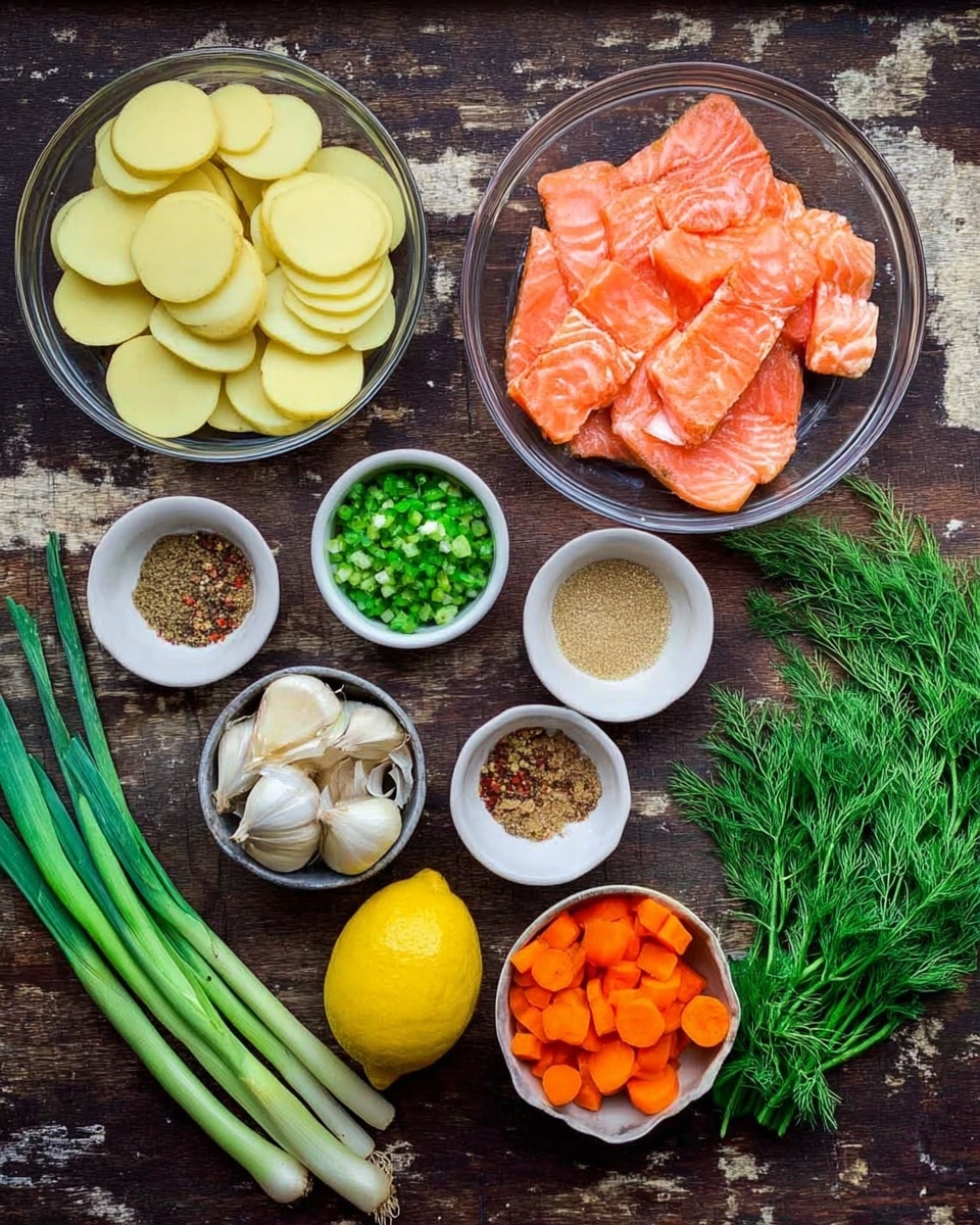 The image shows several ingredients placed on a dark wooden surface with a white marbled texture. There are thinly sliced pale yellow potato rounds stacked in a clear bowl at the top left. Below this bowl, there is a small white bowl with finely chopped green peppers. To the right of that, a clear bowl holds several bright pink-orange salmon fillets. Above the salmon, there are whole garlic cloves grouped together. Near them, a small white bowl contains a mix of brown, tan, and black spices. To the right, another white bowl holds sliced bright orange carrots. At the far right, a bunch of green fresh dill sits next to a whole bright yellow lemon. On the left edge, several long green fresh scallions are placed diagonally. The scene has a rustic and fresh appearance. Photo taken with an iphone --ar 4:5 --v 7