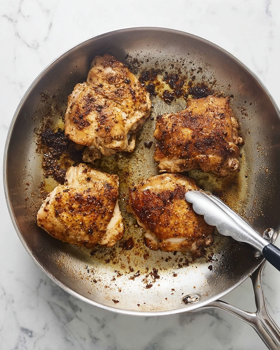 A silver frying pan holds four pieces of cooked chicken thighs with a browned, crispy texture and spice marks on top. The chicken pieces are spread around the pan with some dark browned bits stuck to the metal surface. A pair of silver tongs with black silicone tips is holding one piece of chicken near the bottom right side. The pan rests on a white marbled surface. photo taken with an iphone --ar 4:5 --v 7