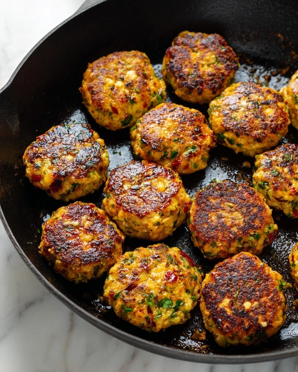 A close-up of a black cast iron pan filled with about fourteen small, round, golden-brown patties, each showing a crispy, browned surface with visible green and red flecks of herbs and spices inside. The patties have an uneven, slightly chunky texture, with some areas darker from cooking. The pan sits on a white marbled surface. photo taken with an iphone --ar 4:5 --v 7
