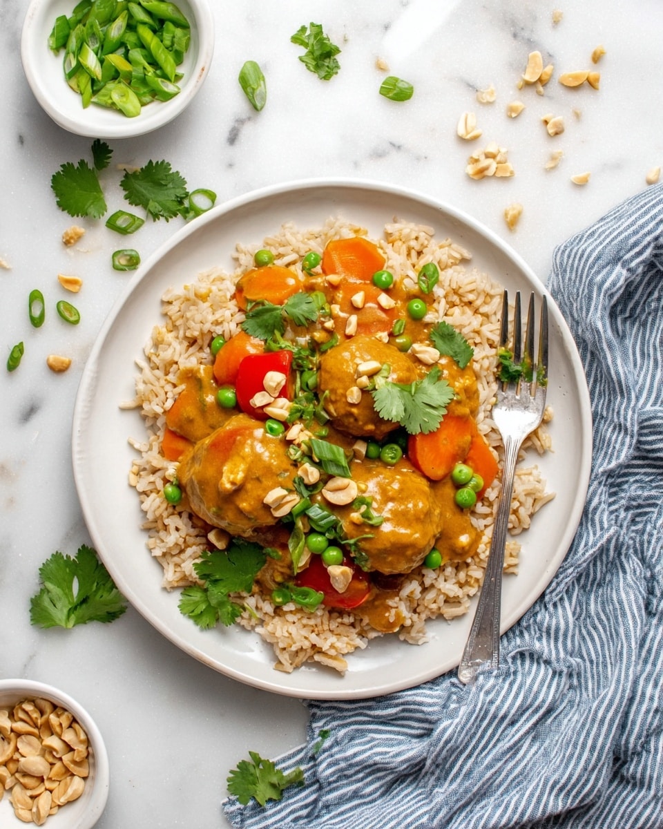 The image shows a white plate with a base layer of light brown rice spread evenly. On top, there is a thick orange curry sauce with visible chunks of green peas, orange carrot slices, and red bell pepper pieces. Three round meatballs are covered with the sauce, with some chopped peanuts and fresh green cilantro leaves sprinkled on top. A silver fork rests on the right side of the plate against the white marbled surface. Around the plate are scattered green onion slices, cilantro leaves, and small chopped peanuts. A small white bowl with crushed peanuts and another white bowl with green onion pieces are also visible near the plate. A striped blue and white cloth is placed under the plate on the white marbled surface. Photo taken with an iphone --ar 4:5 --v 7