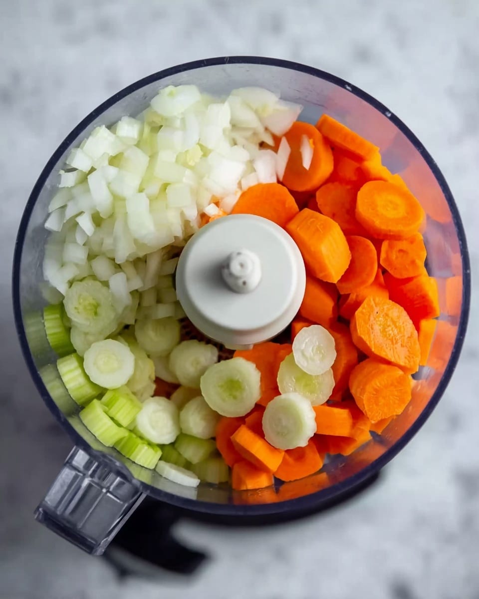 A top view of a food processor bowl filled with layers of chopped vegetables. The bottom layer is thin round slices of light green celery. On top of that, there is a layer of bright orange, thick carrot slices. The upper layer is made of roughly chopped white onions with some transparent parts showing. The vegetables are sitting inside a clear food processor bowl with a central white blade visible in the middle. The background is a white marbled texture photo taken with an iphone --ar 4:5 --v 7
