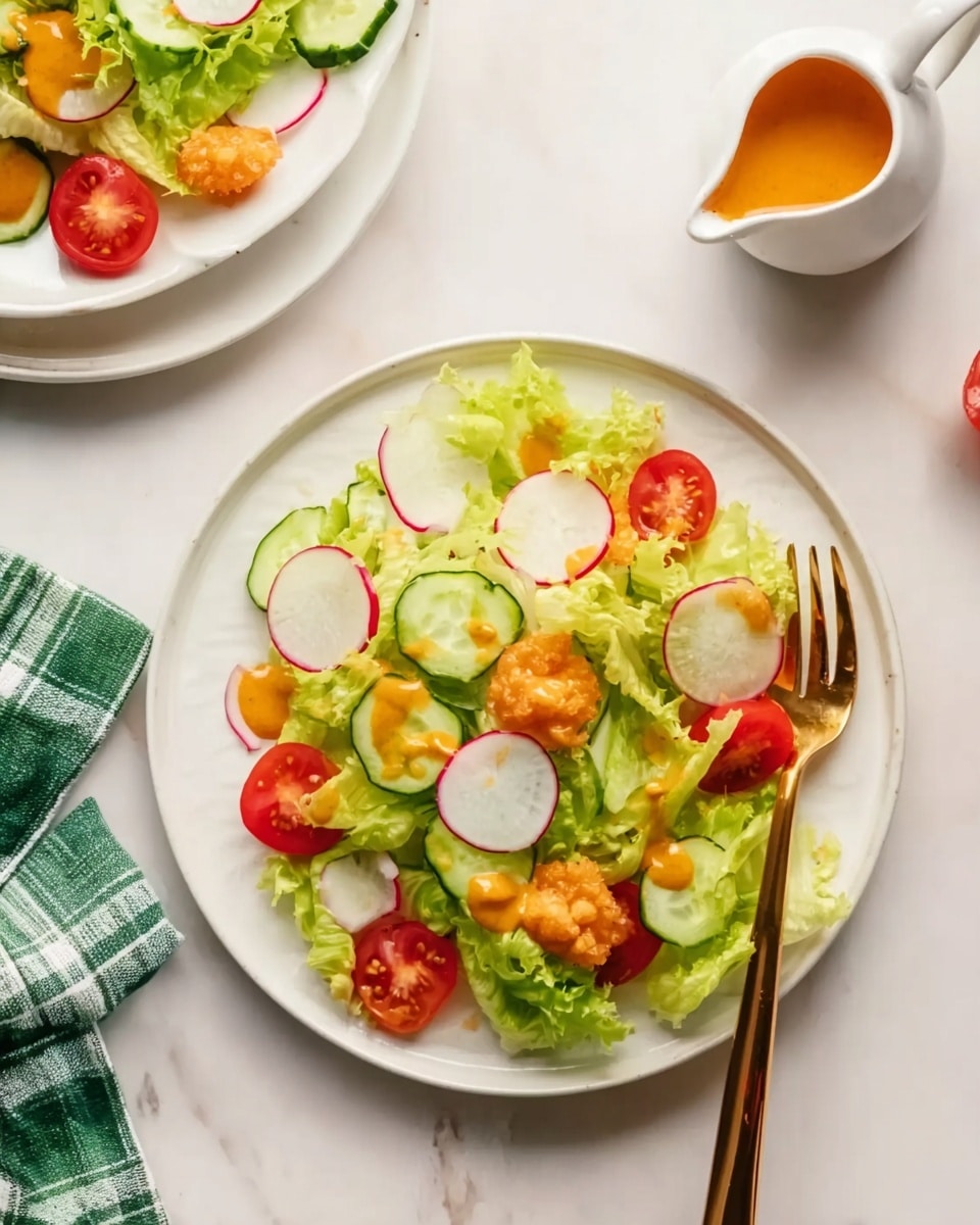 A white plate sits on a white marbled surface, filled with a fresh salad made of several layers: the bottom layer is light green lettuce leaves, followed by thin slices of pale green cucumber and white radish with pink edges evenly spread on top. Halved bright red cherry tomatoes are scattered around the salad, adding pops of color. In the center, there are small, golden-yellow dollops of a thick dressing spread over the vegetables. A gold fork rests on the right side of the plate. In the background, another white plate holds a similar salad with an additional tomato slice on top, and a small white sauce pitcher with orange dressing pours sauce over the scene. A woman’s hand holding a utensil is partly visible on the left side and a green checkered cloth napkin is near the bottom left corner of the image. photo taken with an iphone --ar 4:5 --v 7