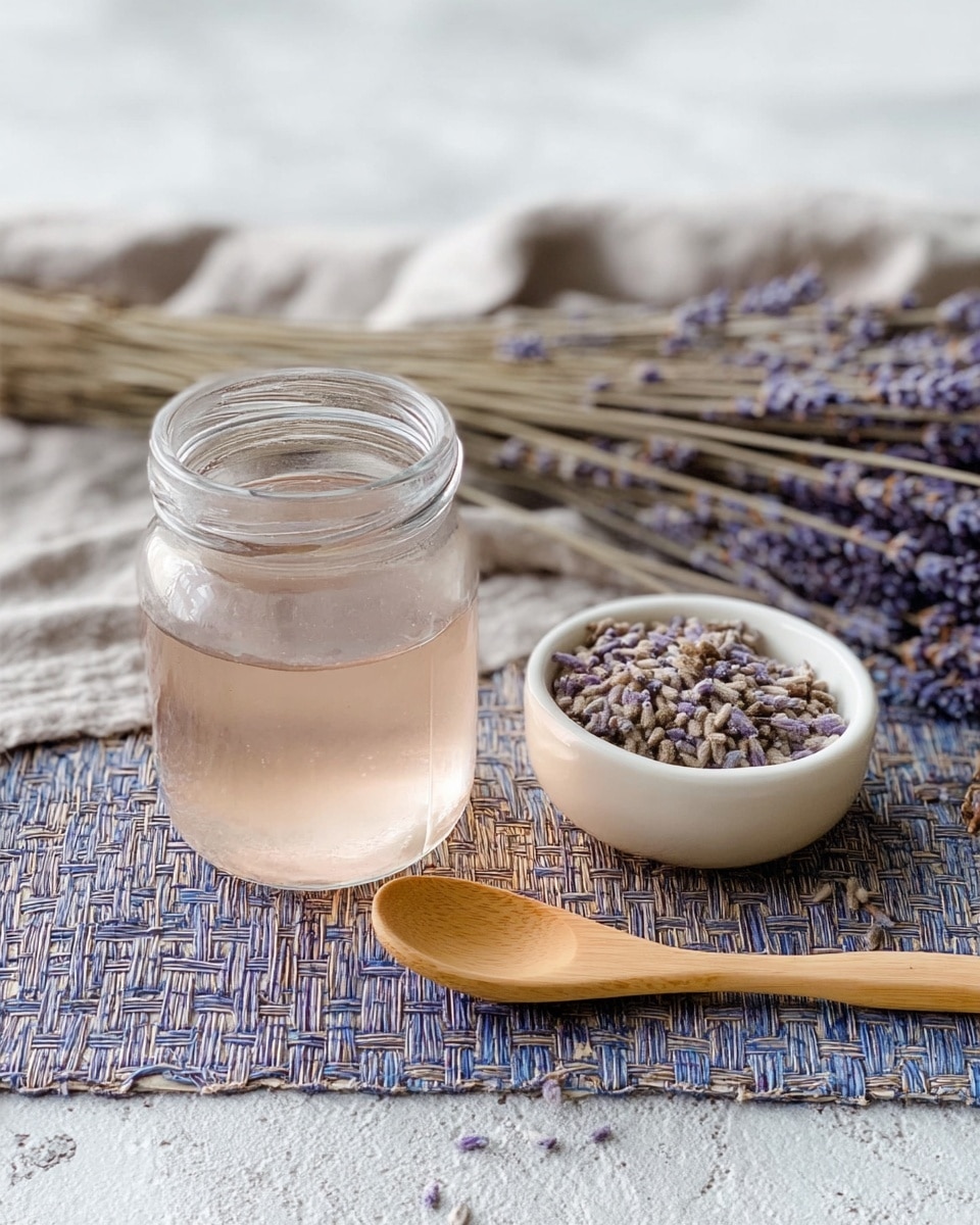 A small clear glass jar is filled with a pale pink liquid, placed on a thick woven mat with blue and gray tones. Next to the jar is a small white bowl holding dry lavender buds in shades of light purple and gray. Behind them are dried lavender stems lying on a light gray cloth, all set on a white marbled surface. In the foreground, a light wooden spoon rests on the woven mat, adding a natural touch. The overall feel is soft and calming with natural and muted colors. photo taken with an iphone --ar 4:5 --v 7