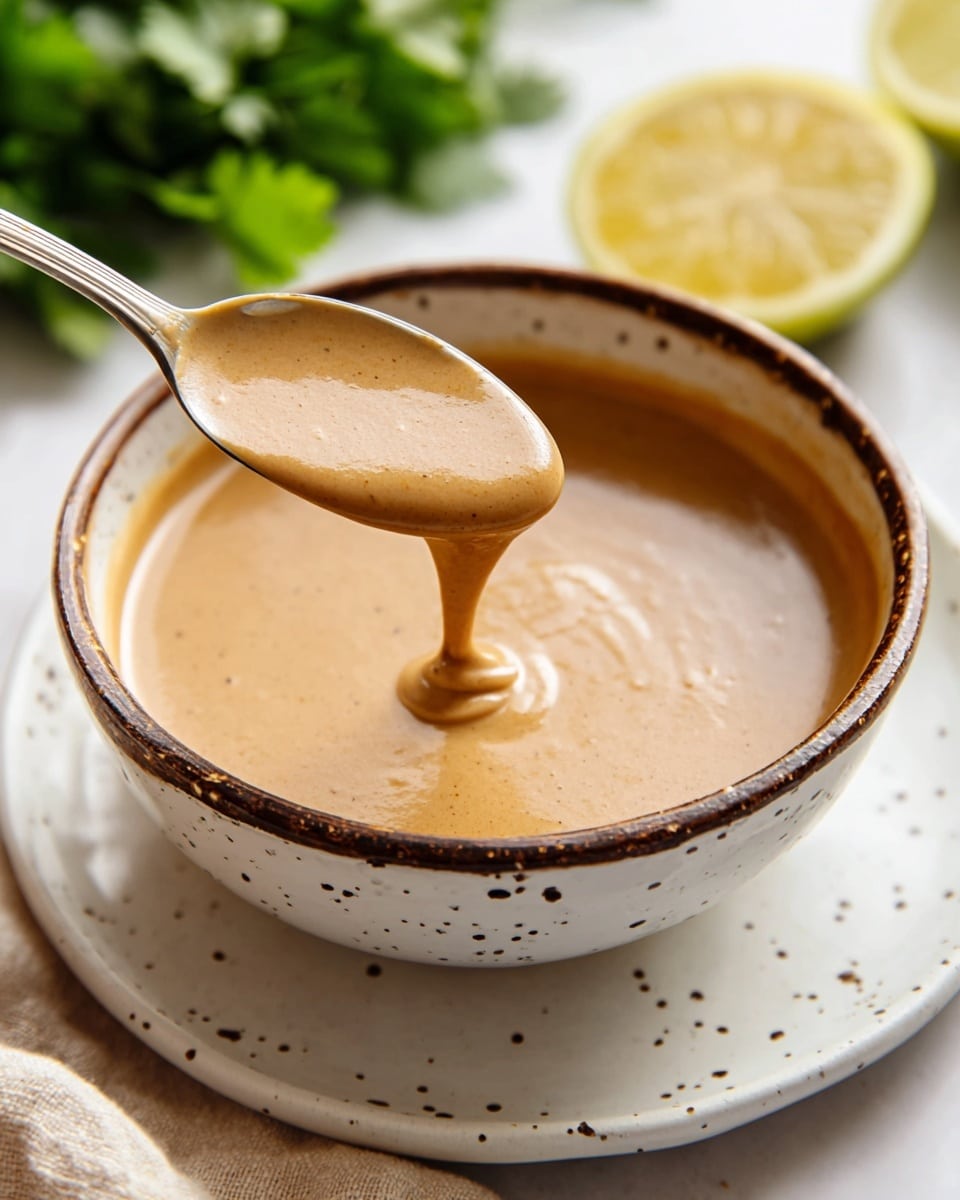 A close-up view of a white bowl with dark brown spots on the rim, filled with smooth, creamy light brown sauce. A spoon is lifting some of the sauce, showing its thick and silky texture. The bowl sits on a white plate with small dark specks. In the background, there are green herbs and a halved lemon on a white marbled surface. A beige cloth is partially visible at the bottom. Photo taken with an iphone --ar 4:5 --v 7