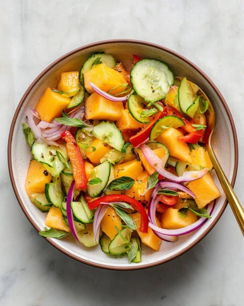 Cantaloupe and Cucumber Salad with Red Bell Pepper and Fresh Herbs Recipe