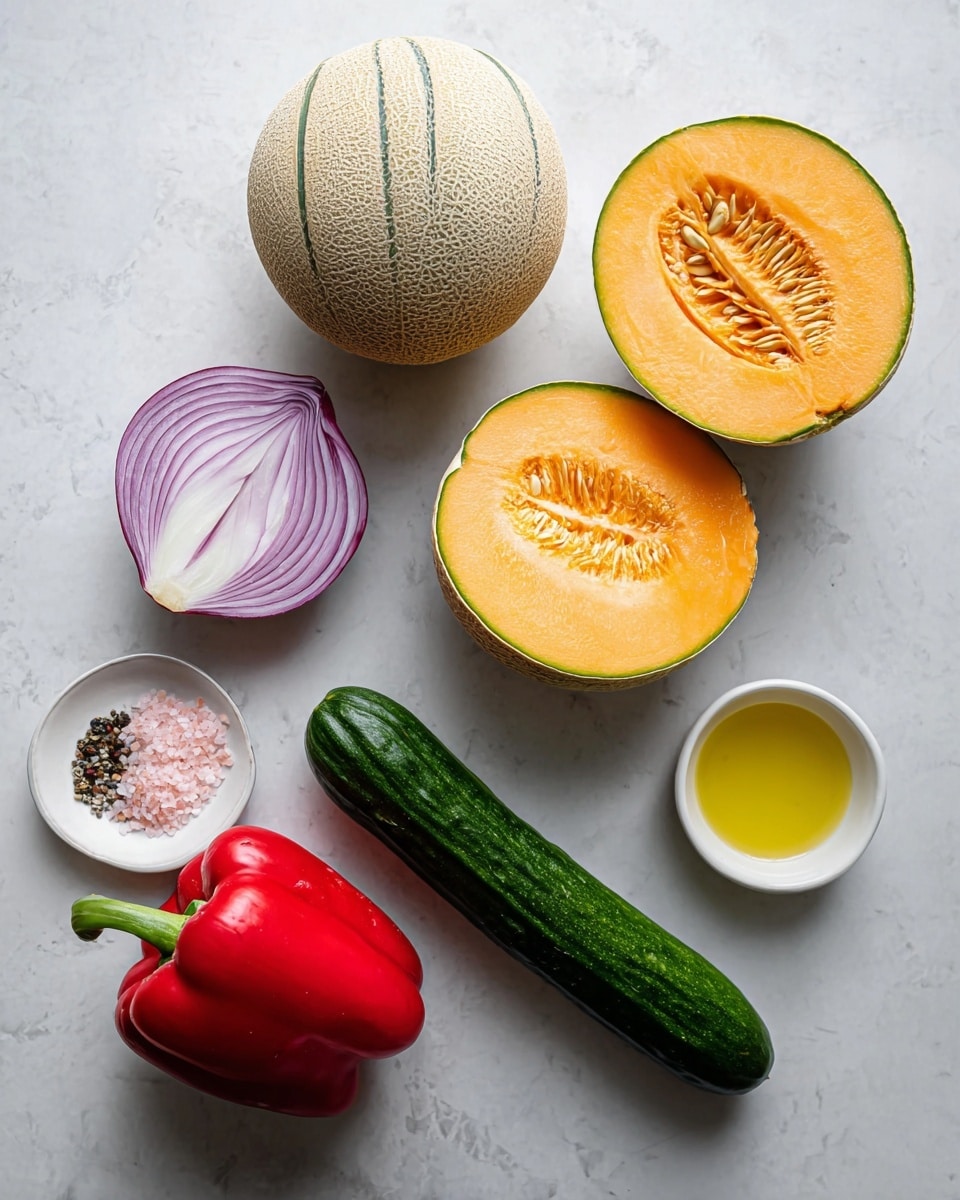 The image shows fresh ingredients arranged on a white marbled surface. There is one whole cantaloupe melon with a textured beige skin and green lines, and another cantaloupe half with bright orange flesh and visible seeds inside, positioned on the top right. Below the cantaloupe, a long dark green cucumber lies horizontally with a shiny, bumpy texture. To the left of the cucumber, a halved purple onion reveals white and purple layers inside. Above the onion, a whole red bell pepper with a smooth and shiny surface is placed. On the bottom right, a small white bowl holds a light yellow liquid, while a small white plate next to it contains small piles of pink salt and black pepper granules. photo taken with an iphone --ar 4:5 --v 7