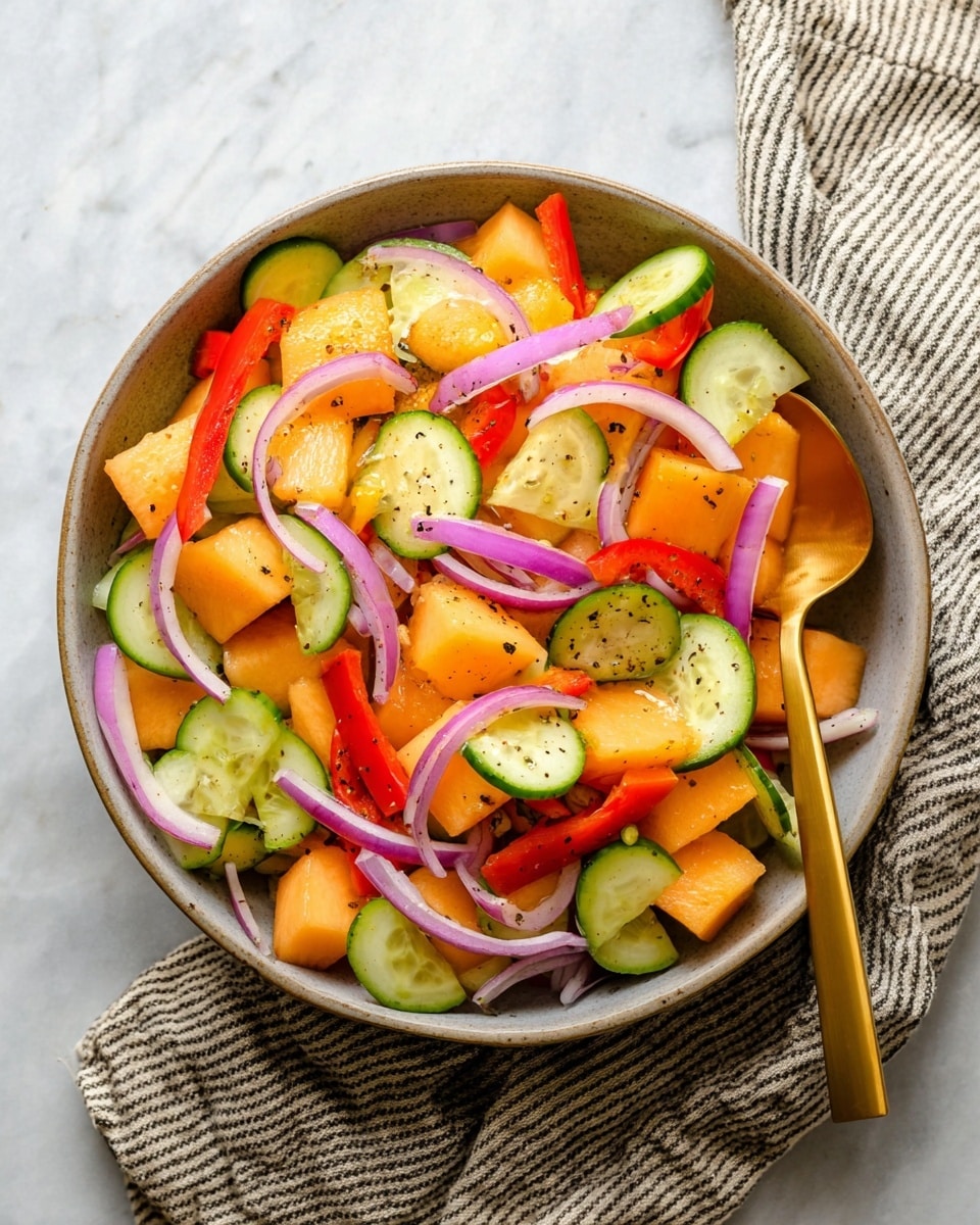 A bowl filled with a colorful salad featuring three main layers: the bottom layer has thin slices of purple onion with a translucent texture, the middle layer consists of bright red pepper strips arranged evenly, and the top layer is composed of chunky light orange cantaloupe pieces mixed with round green cucumber slices. The salad is lightly sprinkled with black pepper. A gold-colored spoon is resting inside the bowl, angled toward the center, which is set on a white marbled surface with a beige and black striped cloth nearby. Photo taken with an iphone --ar 4:5 --v 7