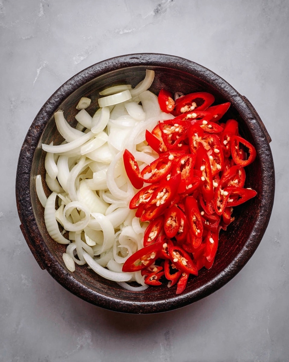 A dark round dish with two main layers inside: one half is filled with thin white slices of onion, showing soft and slightly curved shapes, and the other half is filled with bright red slices of chili peppers with visible seeds, creating a sharp contrast between the white onions and red chilies; the dish is placed on a white marbled surface. Photo taken with an iphone --ar 4:5 --v 7