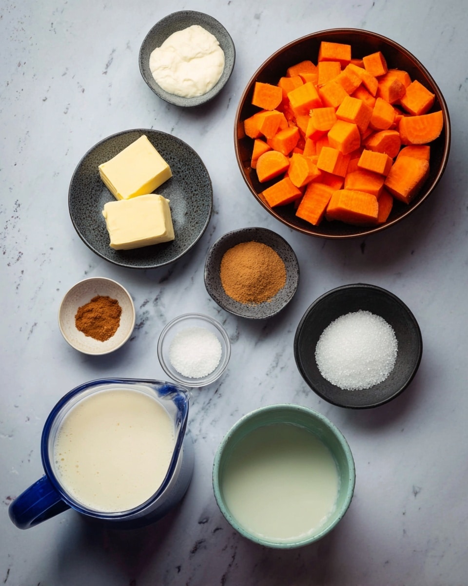 A dark brown bowl filled with bright orange carrot pieces sits near the top right on a white marbled surface. Around it, there are small white and dark grey bowls holding various ingredients, including two pieces of pale yellow butter in a dark grey bowl at the top left, light brown cinnamon powder in a small white bowl below it, and white sugar in a dark grey bowl below the cinnamon. A black bowl with white salt is near the center bottom right, while a light green cup with a dark blue rim holds a small amount of light liquid to the right of the sugar. At the bottom left, there is a blue jug filled with a creamy white liquid and a clear measuring cup holding white froth at the bottom center. All items are arranged on the white marbled surface. photo taken with an iphone --ar 4:5 --v 7