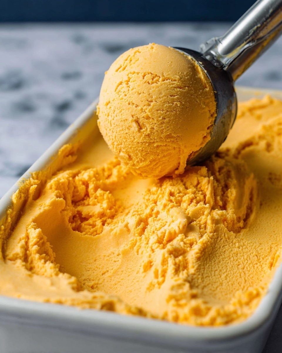 A close-up of a large scoop of smooth, creamy orange ice cream being lifted by a metal ice cream scoop from a white dish filled with the same orange ice cream, showing a soft, textured surface. The background features a white marbled texture with natural light highlighting the ice cream's rich color and creamy texture. photo taken with an iphone --ar 4:5 --v 7